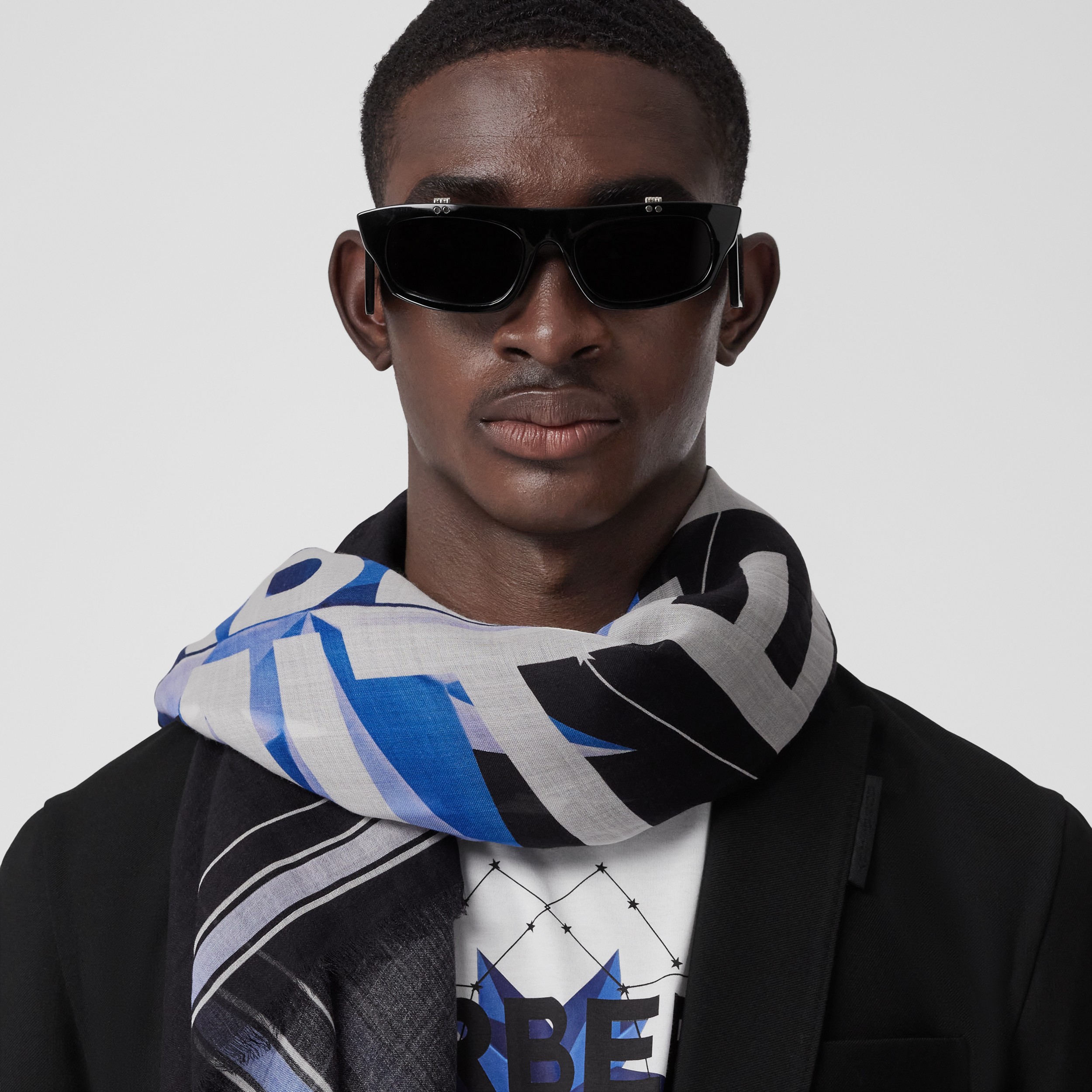 Constellations Print Silk Wool Large Square Scarf in Blue Black | Burberry® Official - 4