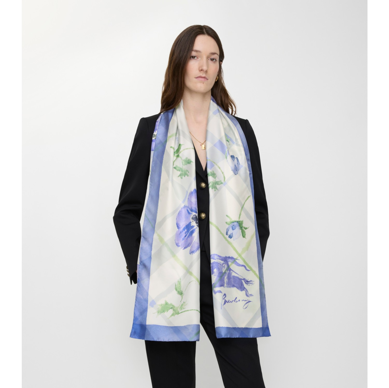 Burberry「バーバリー」 Wide Watercolour Check Silk Scarf in Cornflower blue | Burberry