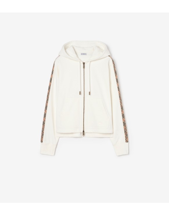 Baumwoll-Kapuzenpullover mit Check-Besatz und Reißverschluss