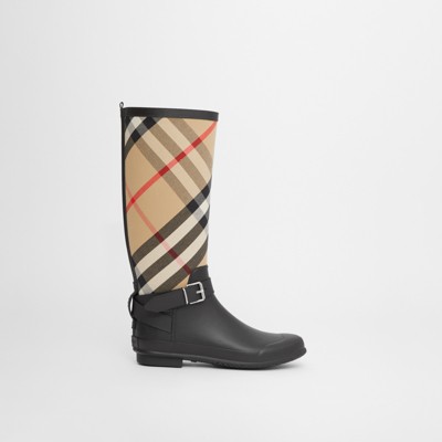 Strap Detail House Check and Rubber Rain Boots in Black/archive Beige - Women | Burberry® Official