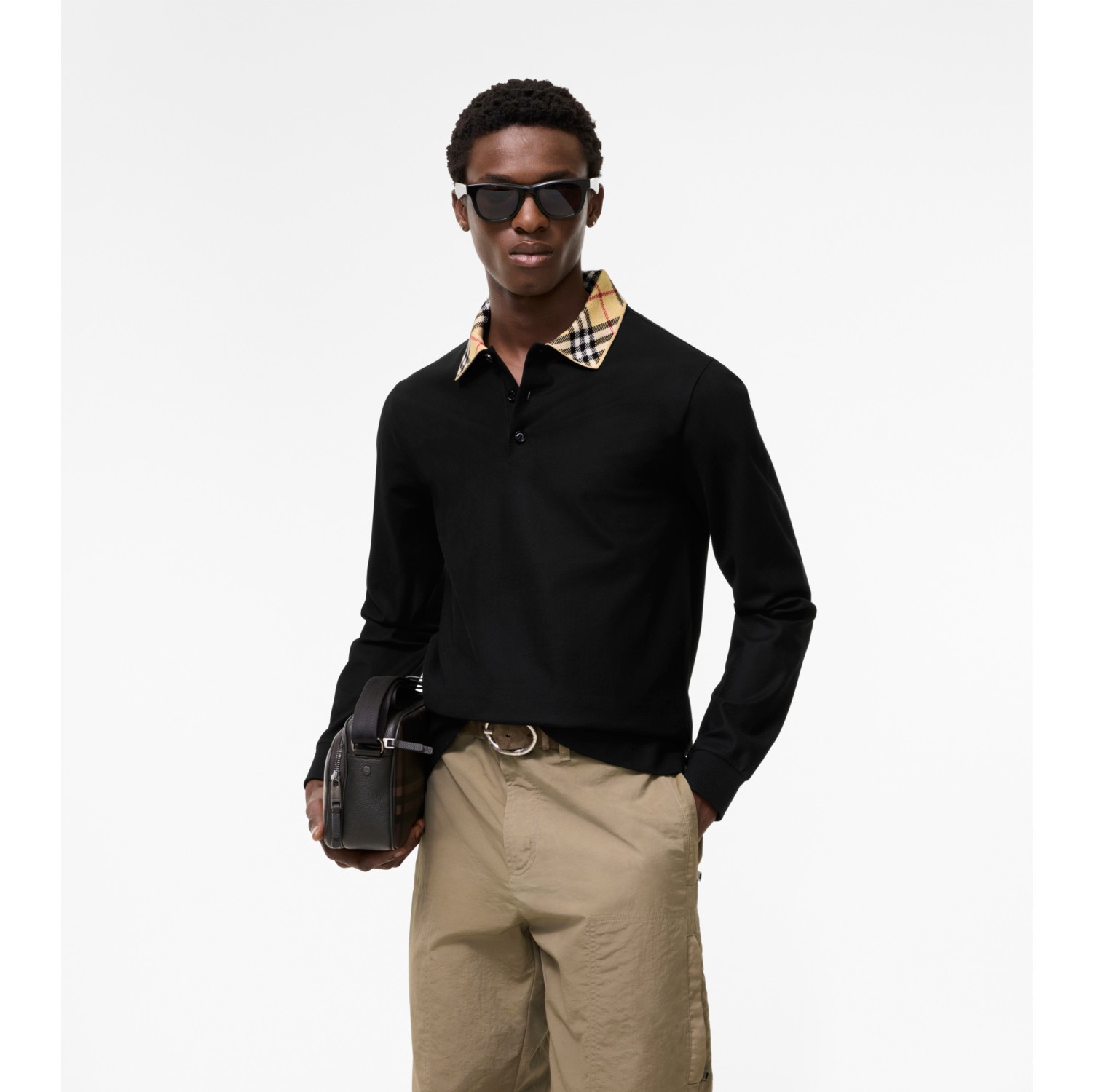 Long-sleeve Check Collar Cotton Polo Shirt