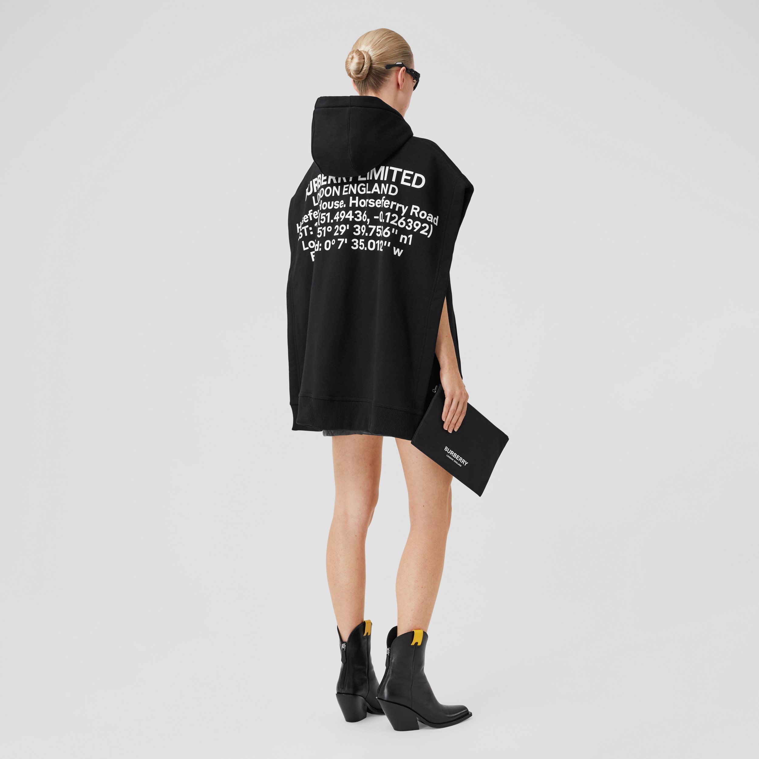 Coordinates Print Cotton Blend Hooded Poncho in Black - Women | Burberry® Official - 1