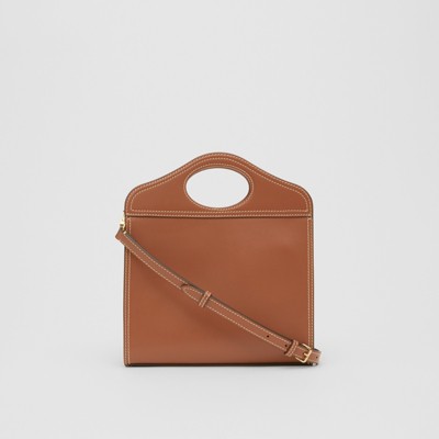 Mini Topstitched Leather Pocket Bag in Malt Brown - Burberry