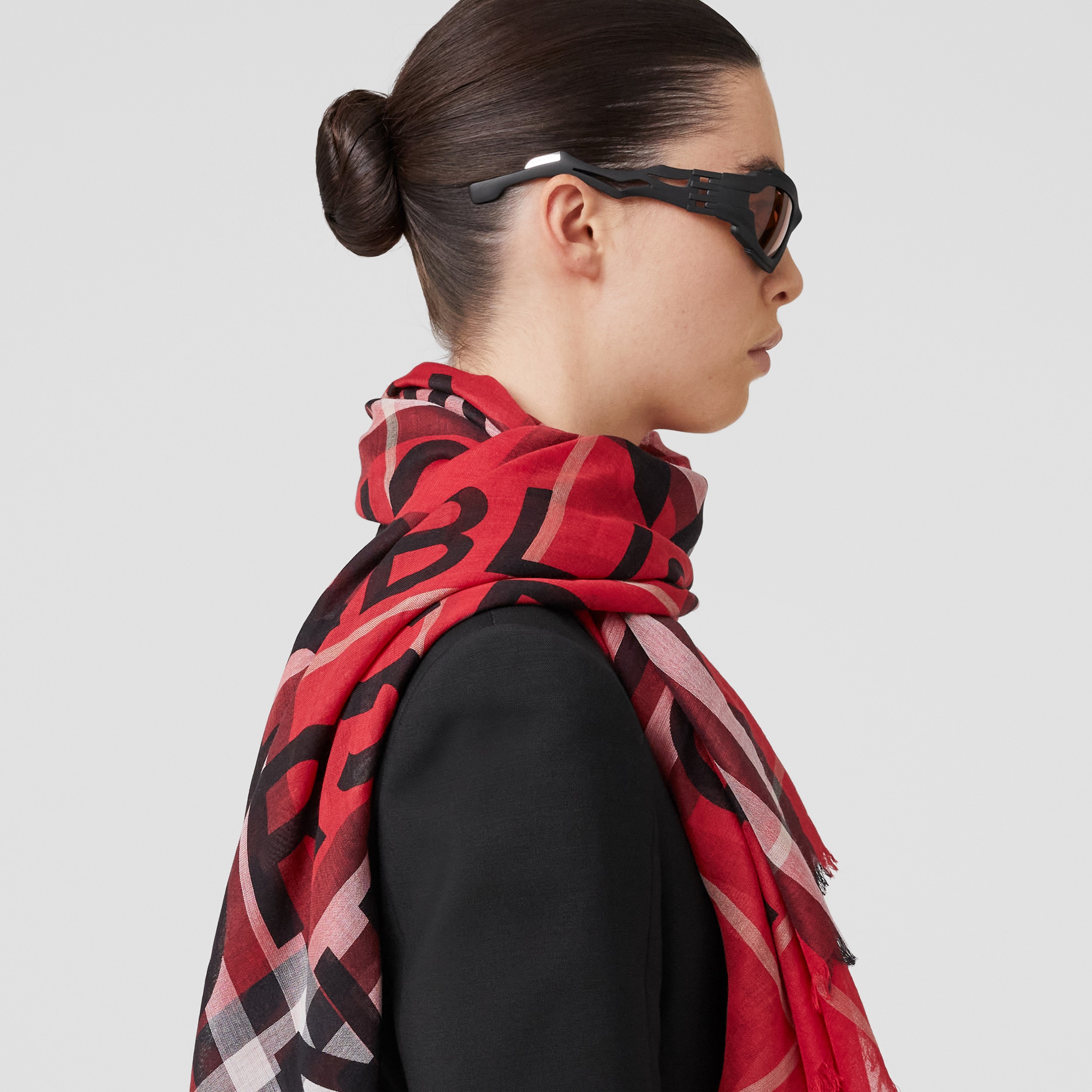 Horseferry Print Check Wool Silk Large Square Scarf in Bright Red | Burberry® Official - 3