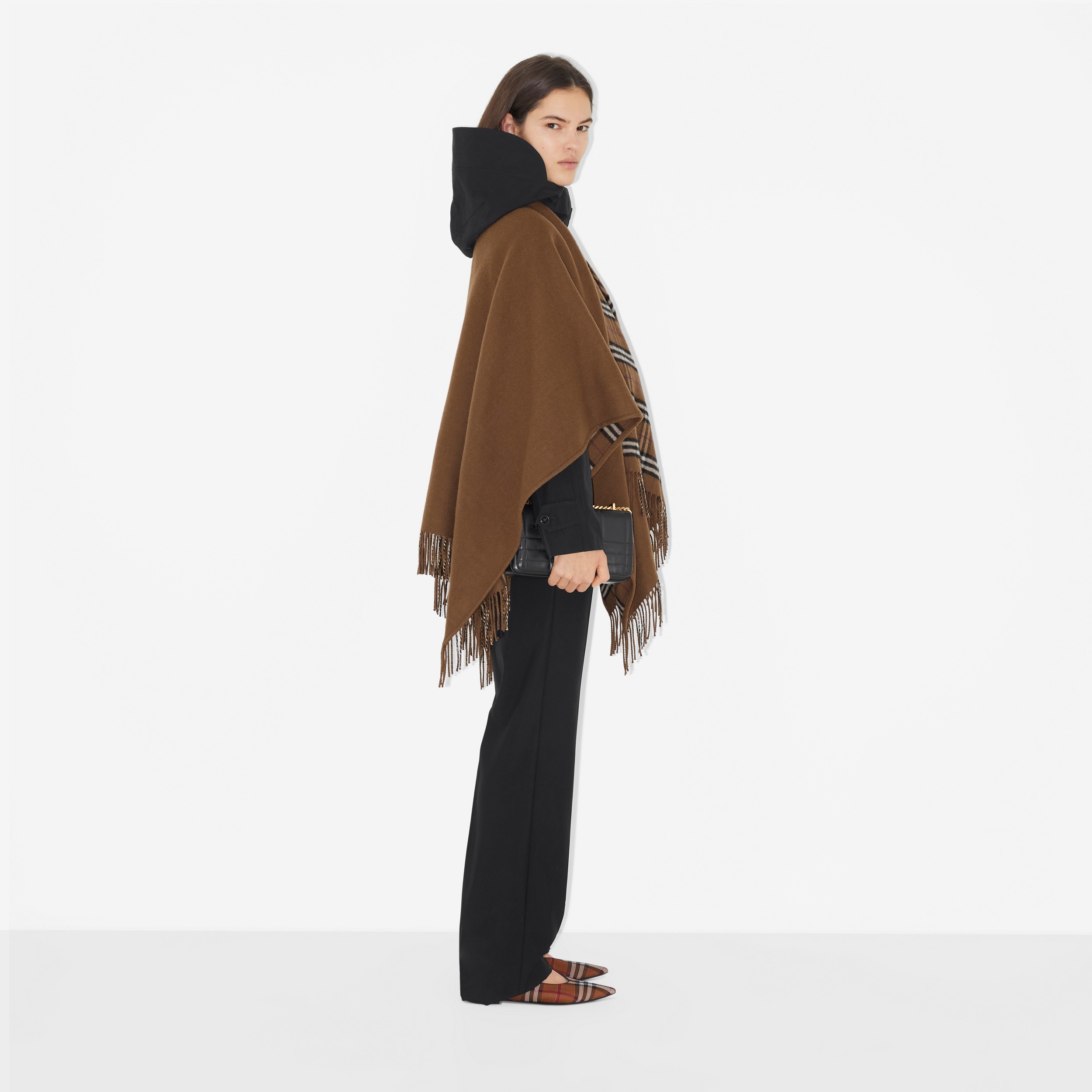 Check Wool Reversible Cape in Dark Birch Brown | Burberry® Official - 3