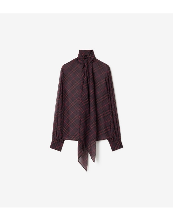 Check Silk Scarf Blouse