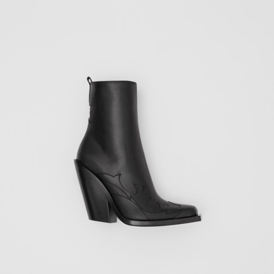 black leather block heel ankle boots