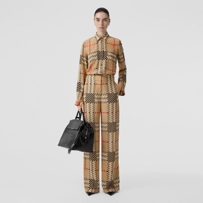 Burberry Jane Check-print Wide-leg Crepe Trousers In Archive Beige