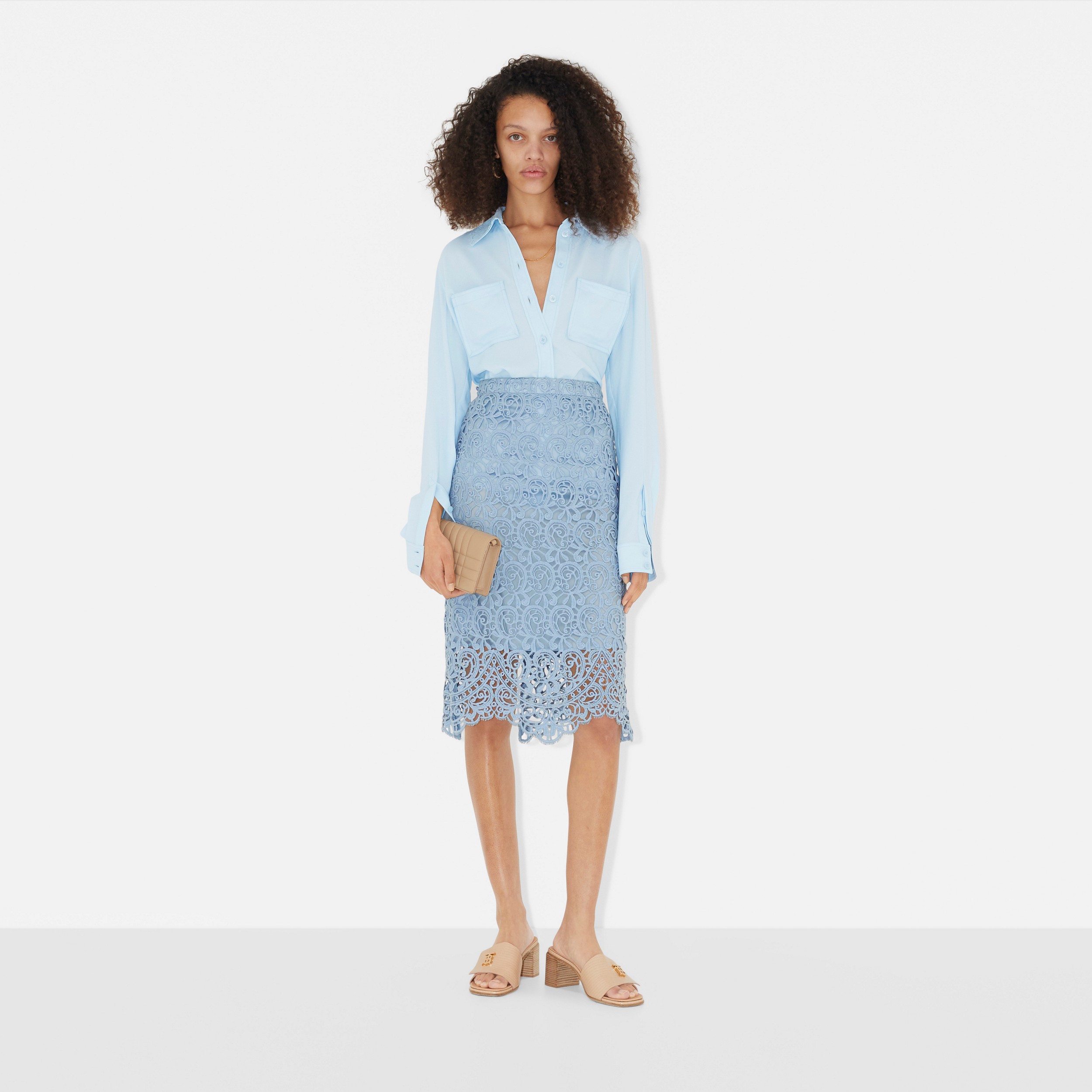 Macramé Lace Pencil Skirt in Pale Blue - Women | Burberry® Official - 2