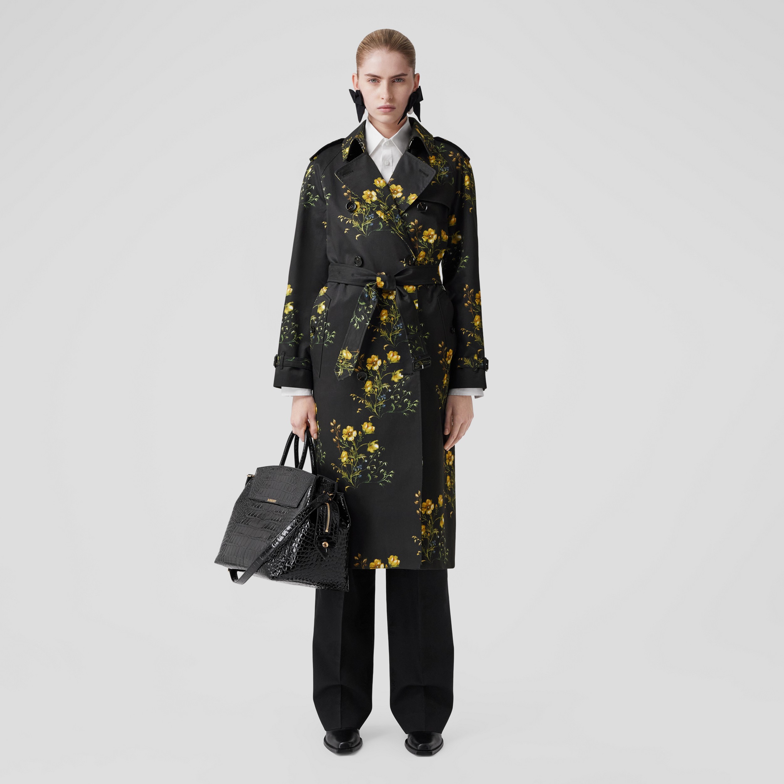 Floral Print Cotton Long Waterloo Trench Coat in Black - Women | Burberry® Official - 4