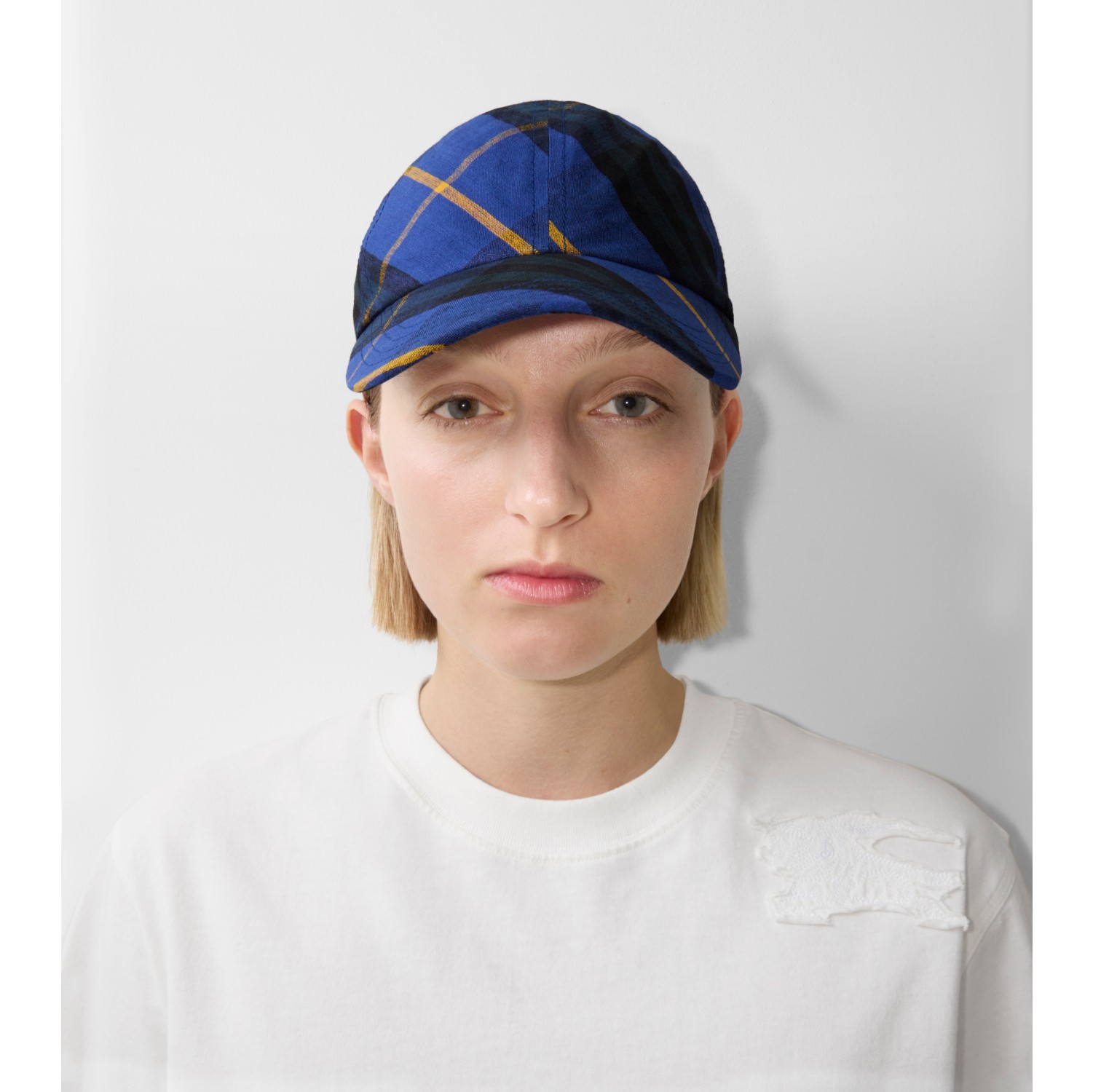 Check Linen Baseball Cap in Bright navy - Women | Burberry® Official