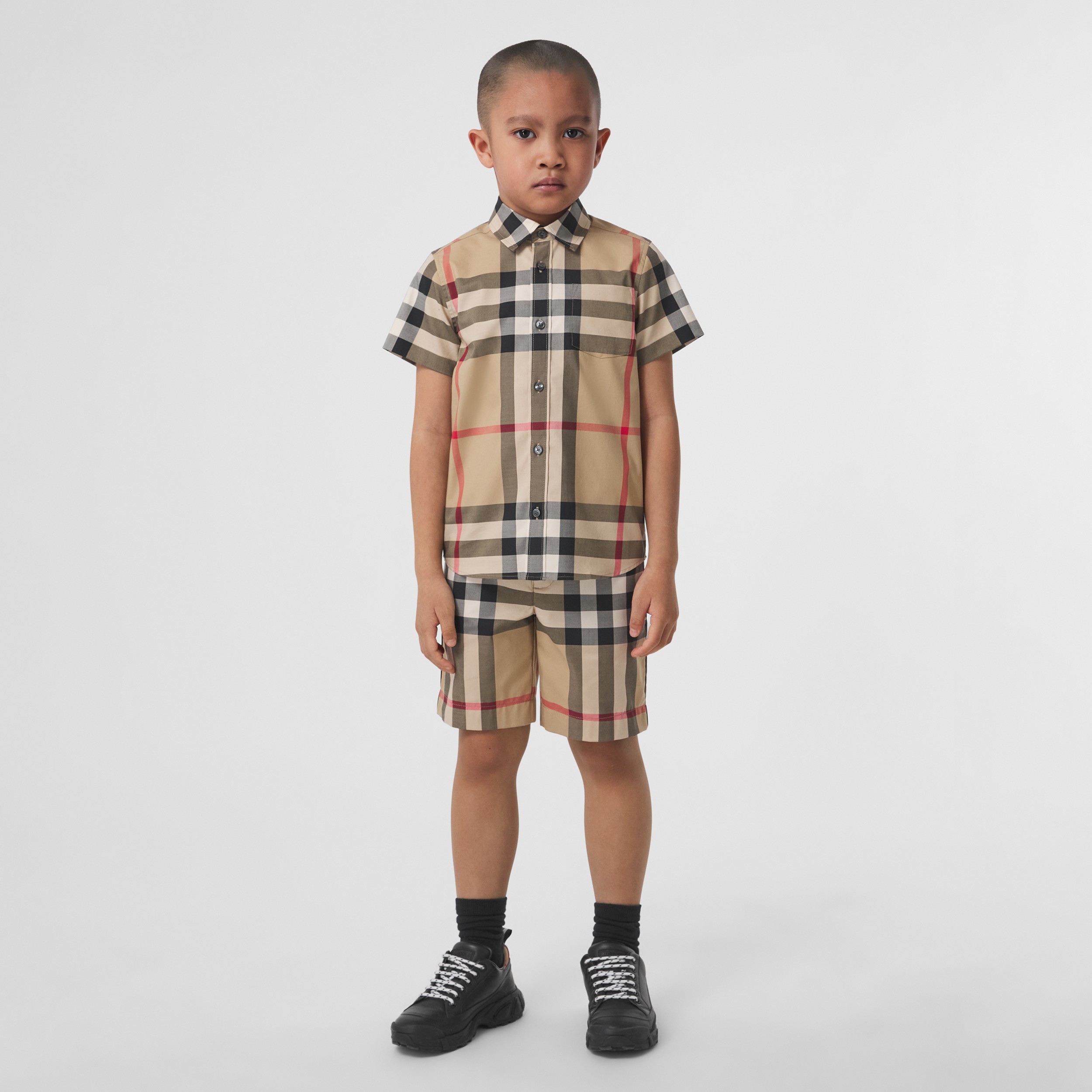 Camisa xadrez de algodão stretch com mangas curtas (Bege Clássico) | Burberry® oficial - 3