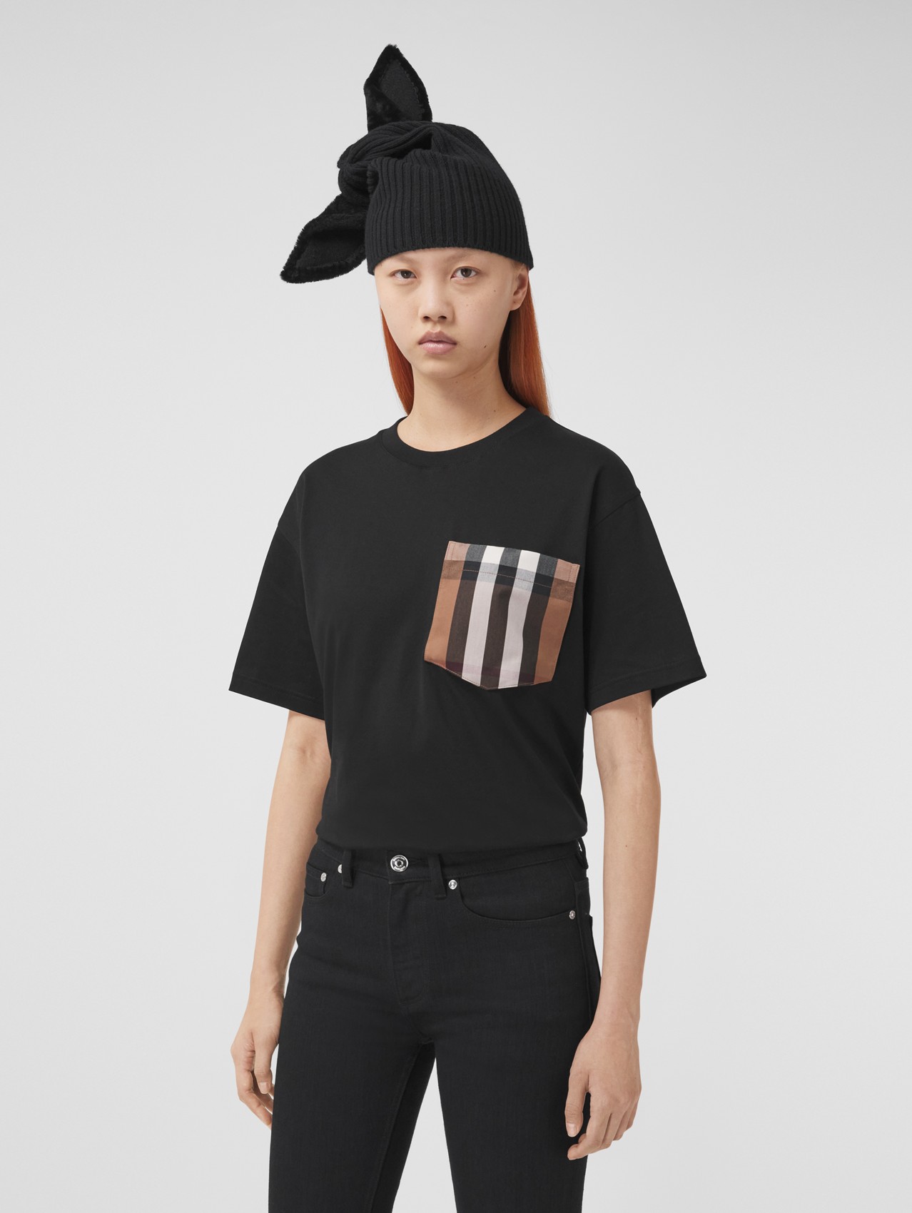 Check Pocket Cotton Oversized T-shirt in Black