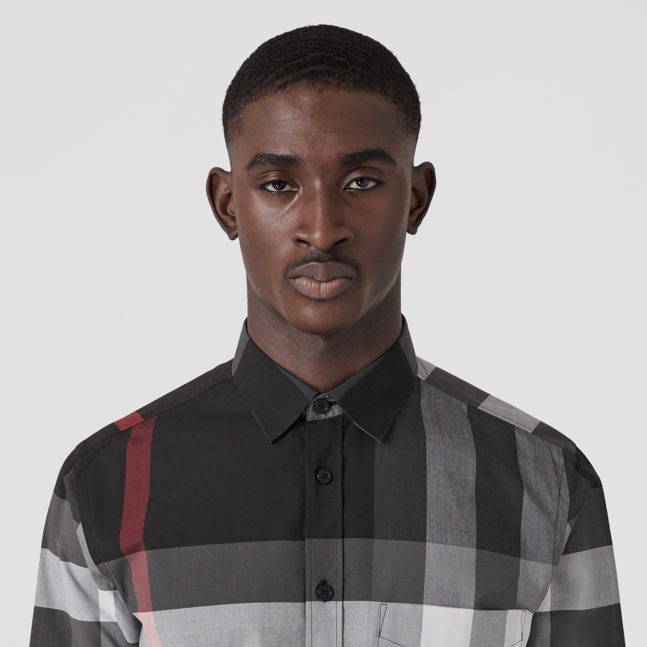 Check Stretch Cotton Poplin Shirt in Charcoal - Men | Burberry® Official