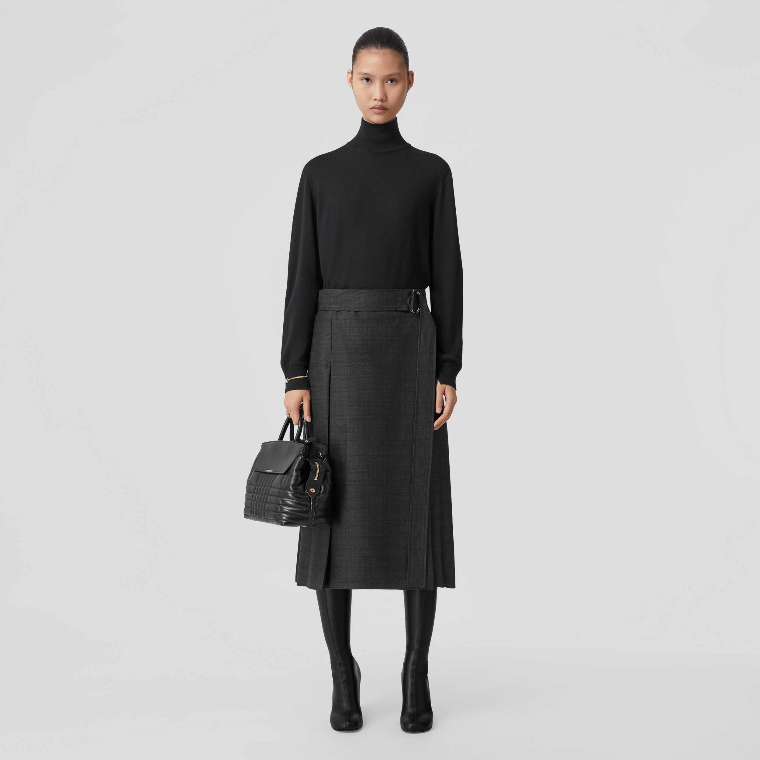 Prince of Wales Check Pleated Wool Skirt in Dark Grey Melange - Women | Burberry® Official - 1