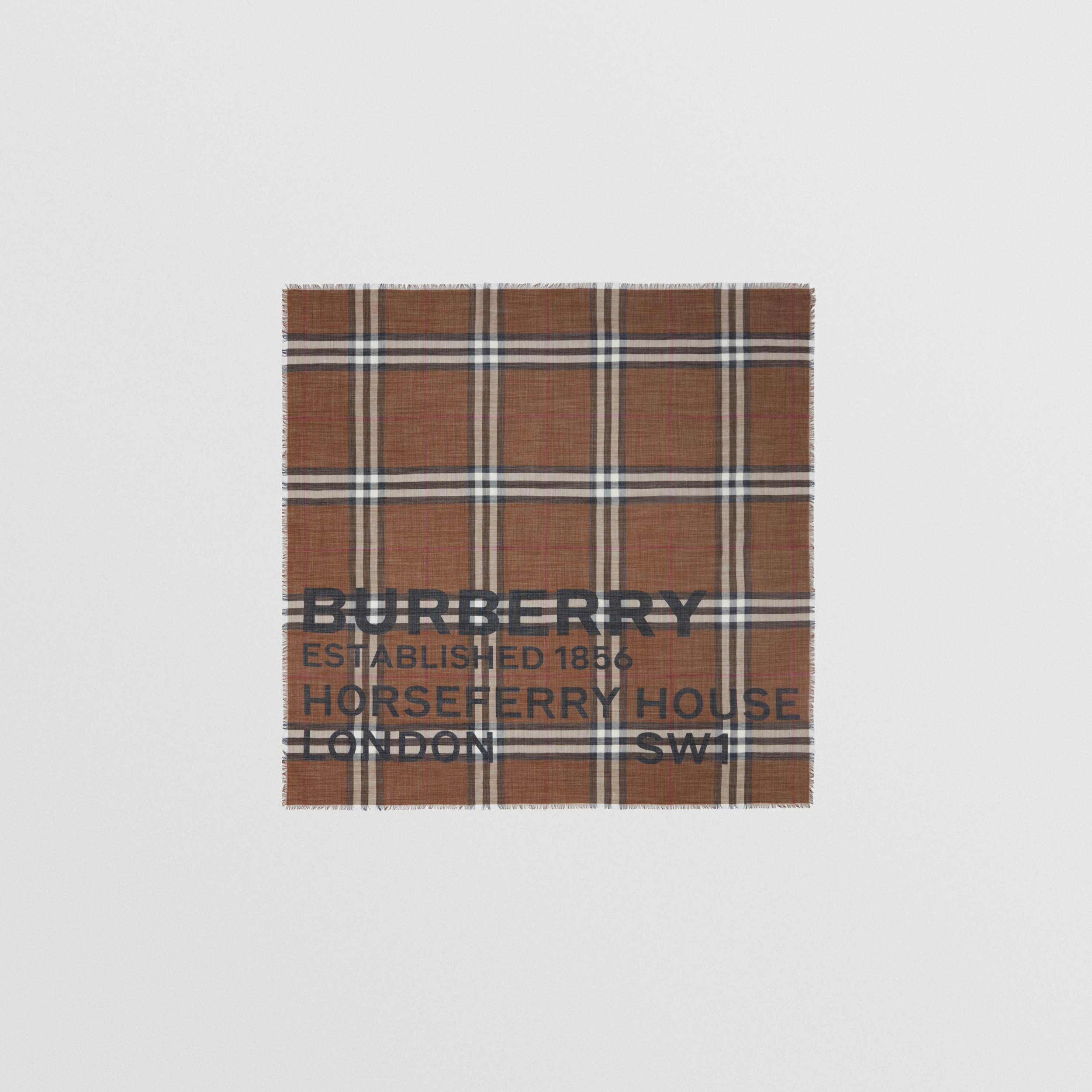 Horseferry Print Check Wool Silk Large Square Scarf in Dark Birch Brown | Burberry® Official - 1