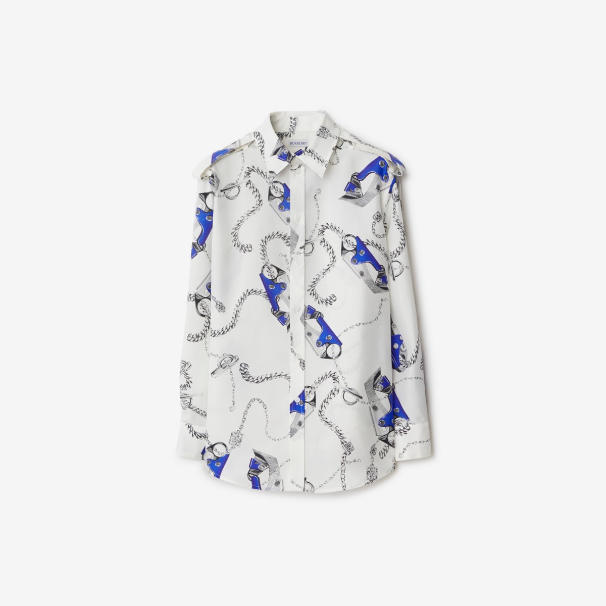 Shop Burberry Knight Hardware Silk Shirt In Blue/white
