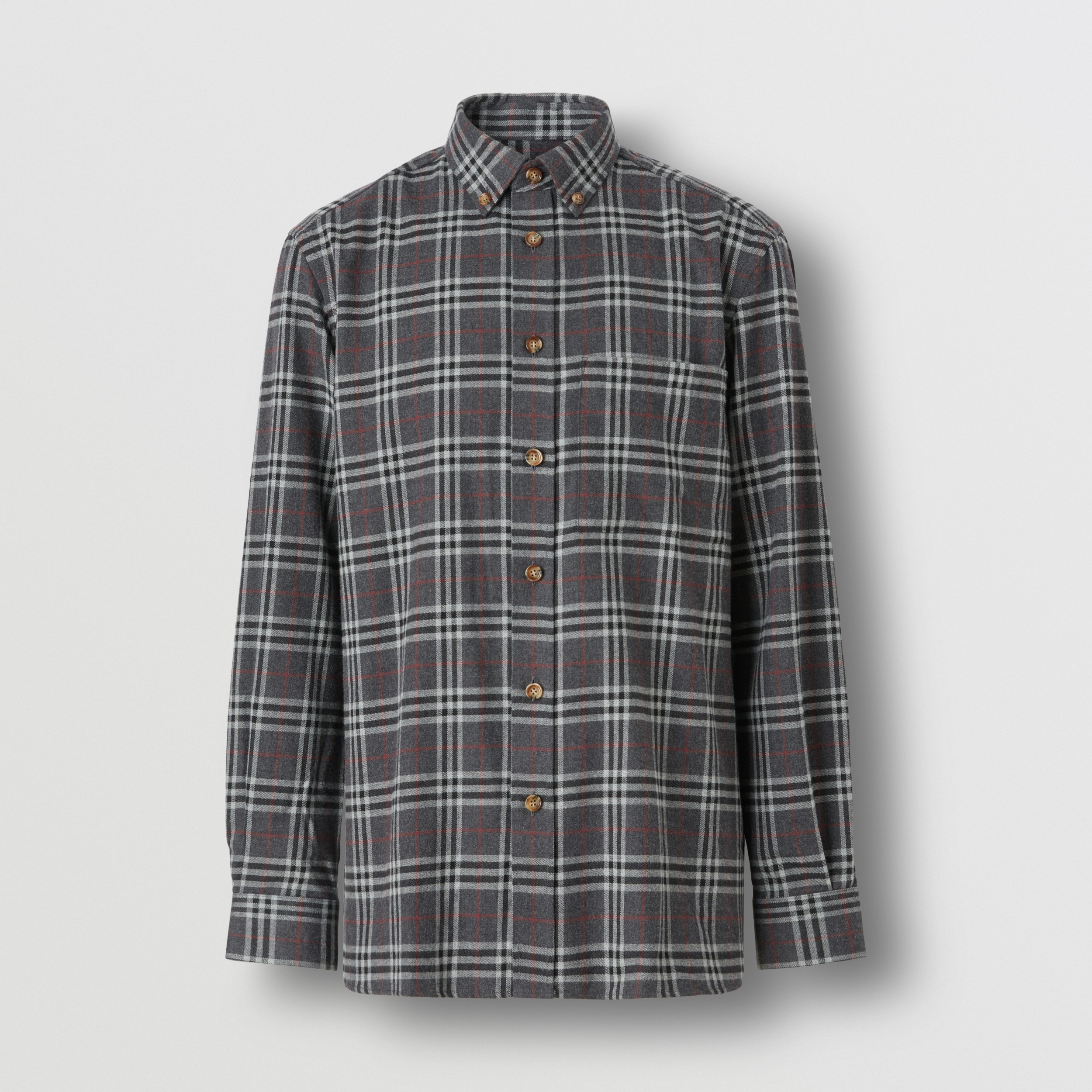 Buttondown Collar Check Cotton Flannel Shirt in Charcoal Men