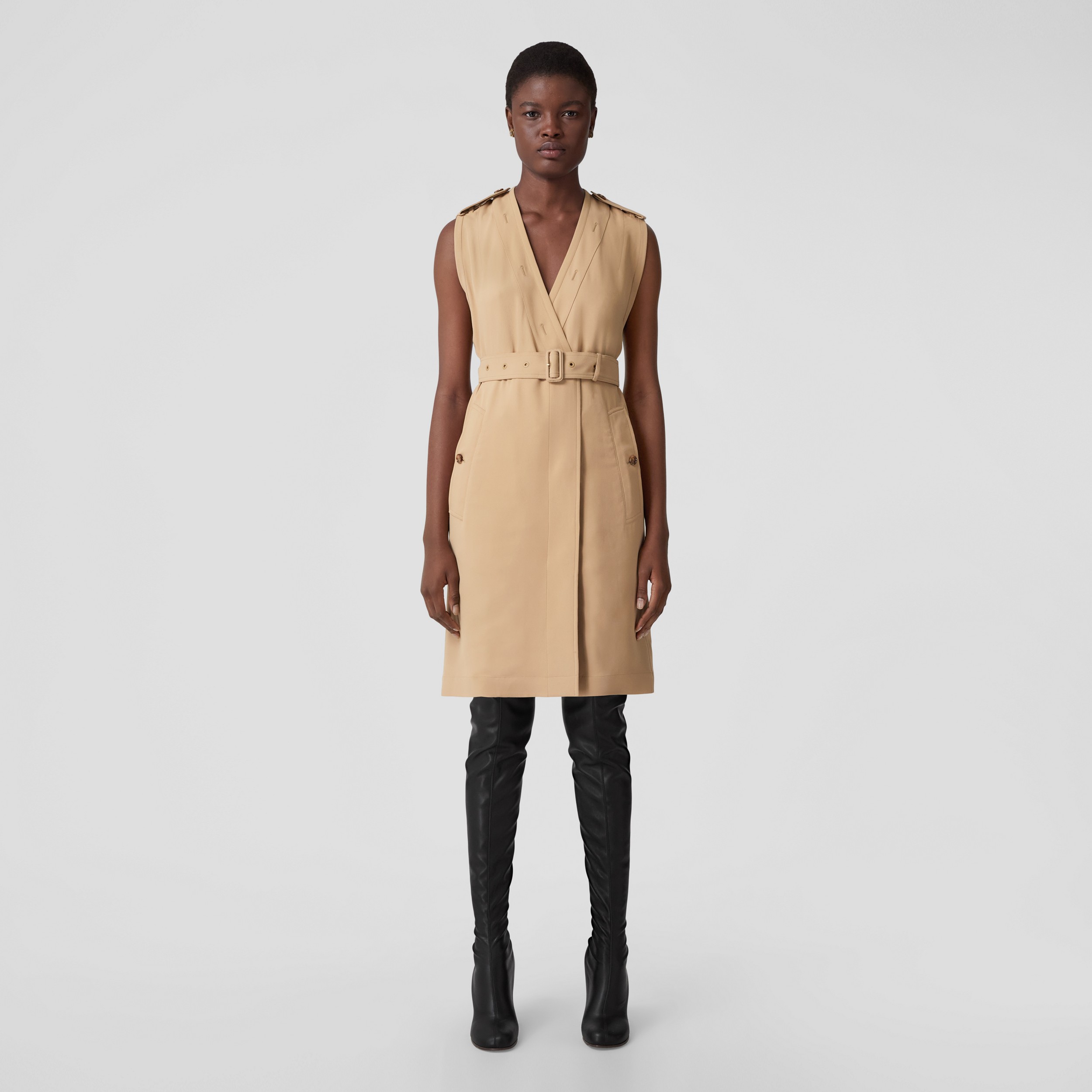 Sleeveless Viscose V-neck Trench Dress in Soft Fawn - Women | Burberry® Official - 1