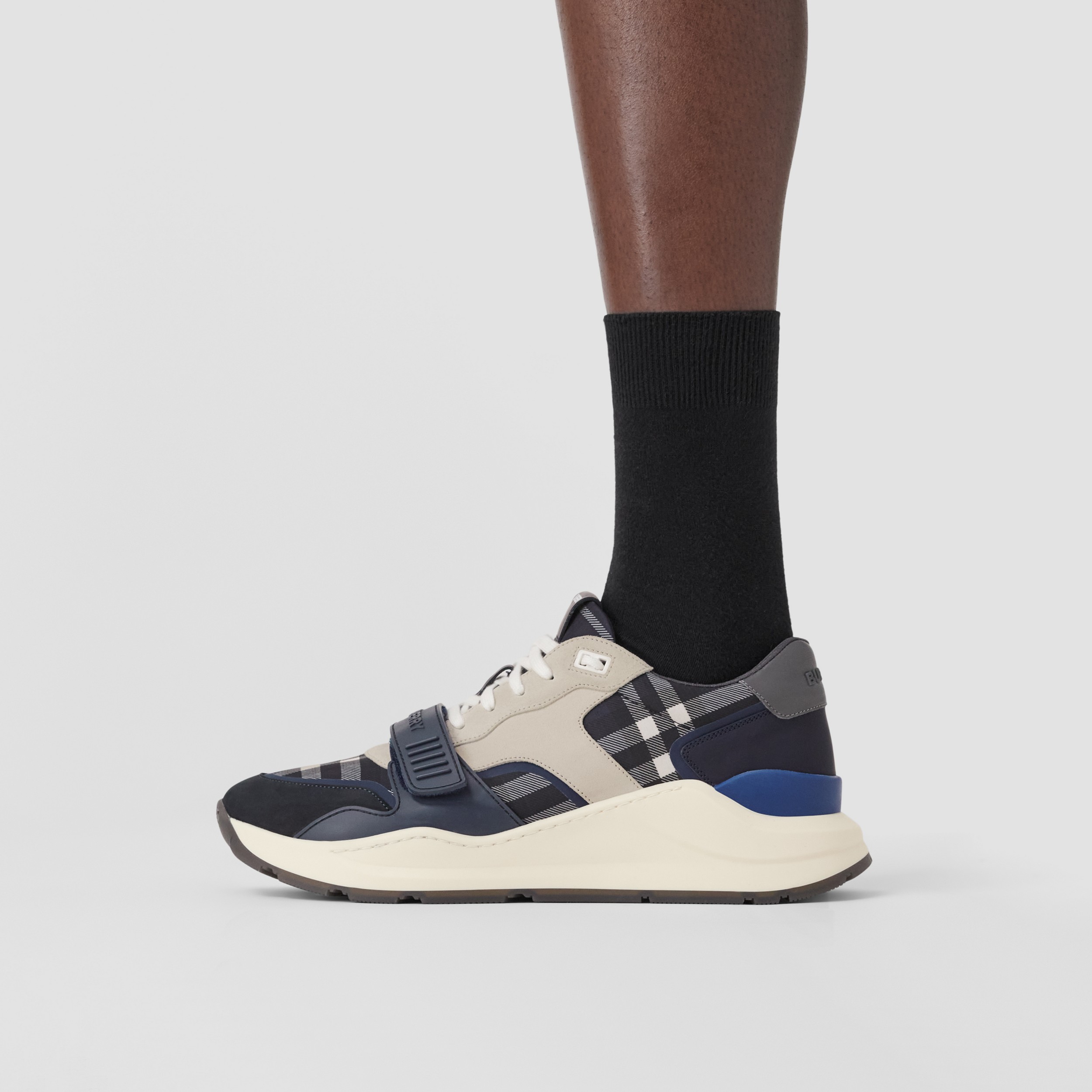 Nylon, Suede and Check Sneakers in Dark Charcoal Blue - Men | Burberry® Official - 3