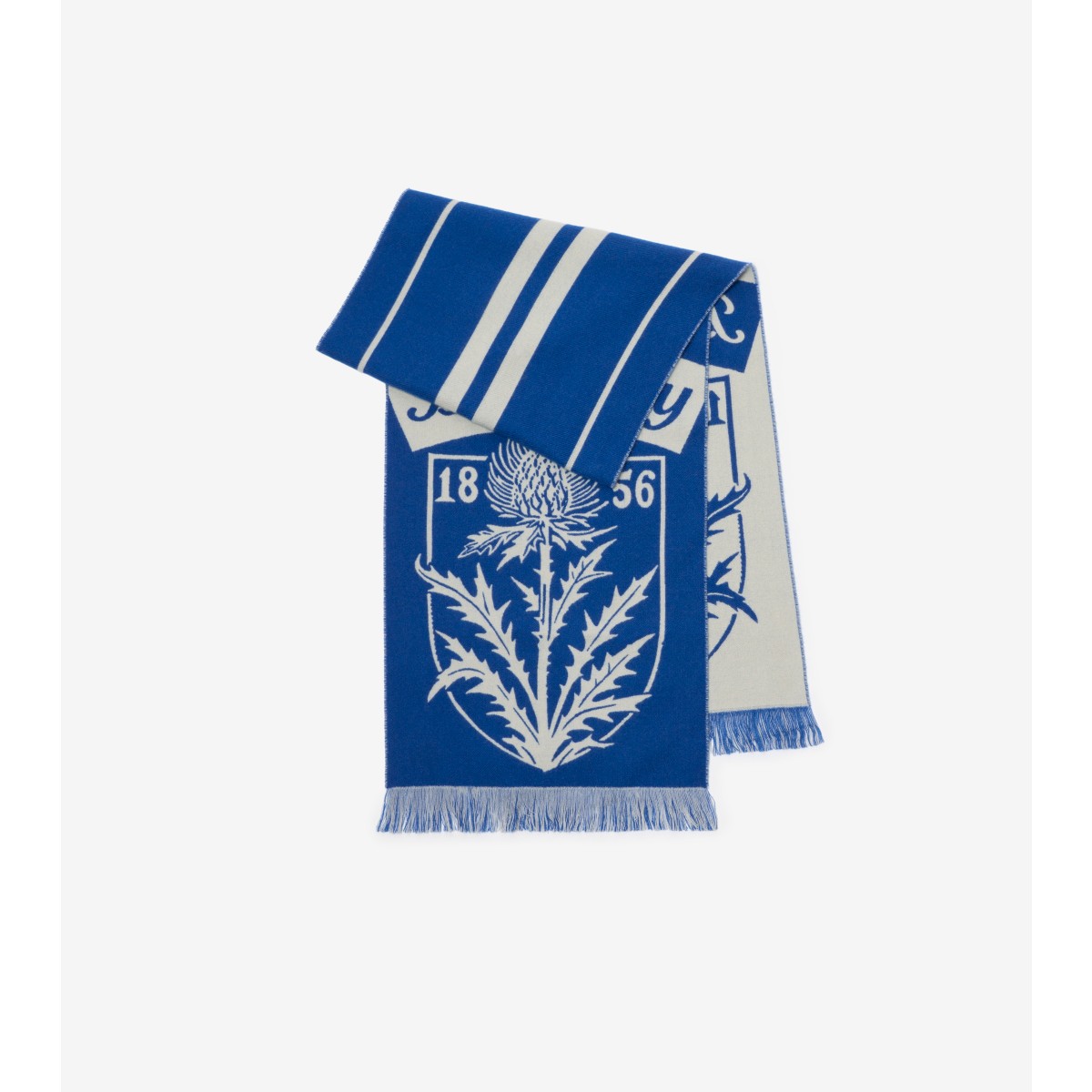 Burberry Thistle Shield Wool Scarf In Blue