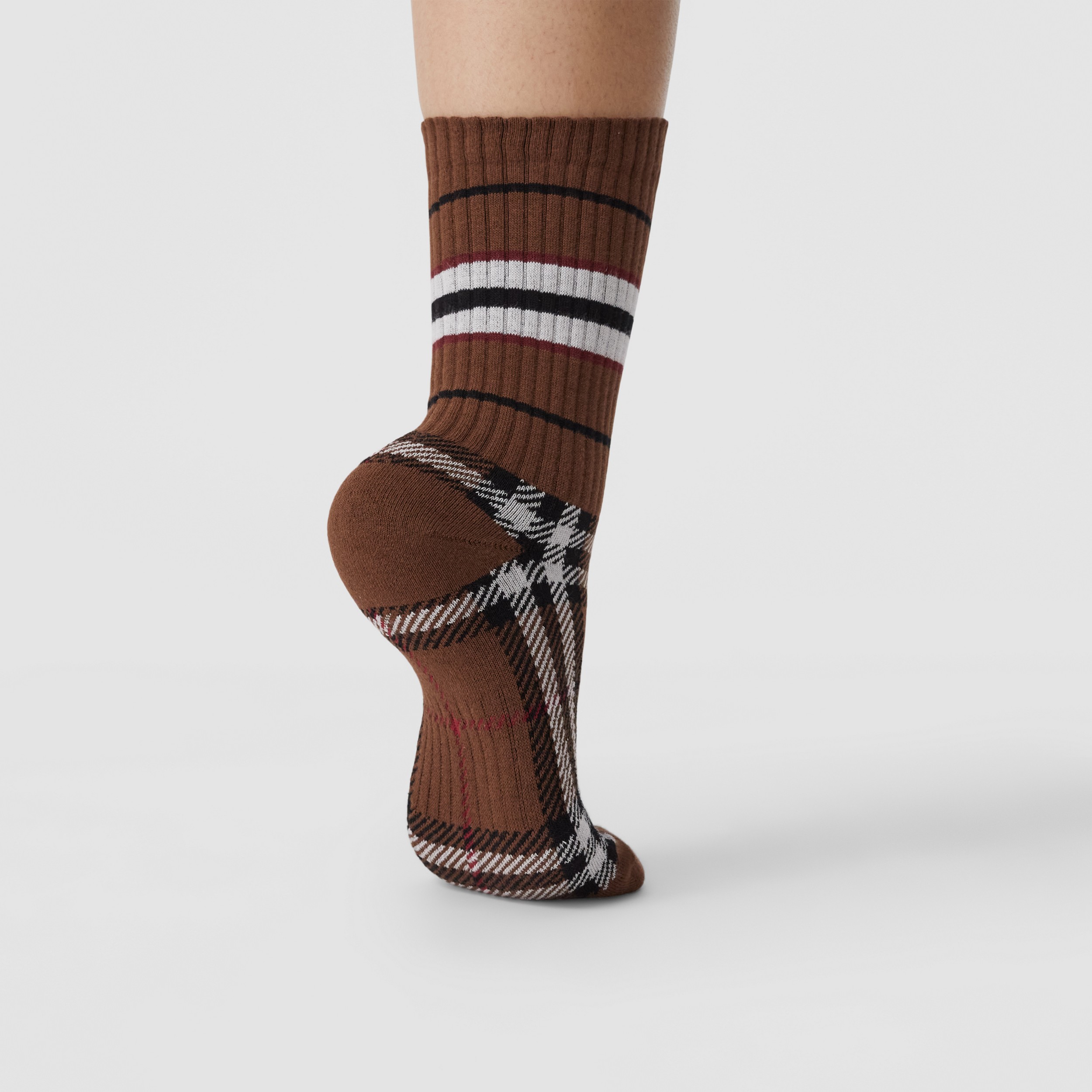 Check and Stripe Stretch Cotton Socks in Birch Brown | Burberry® Official - 3