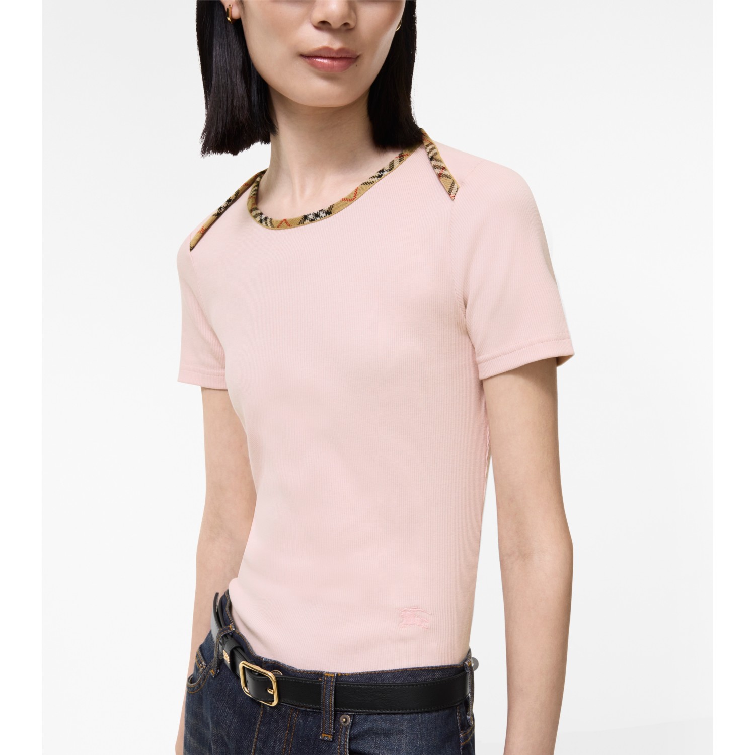 Check Trim Stretch Cotton T-shirt - thumbnail 10