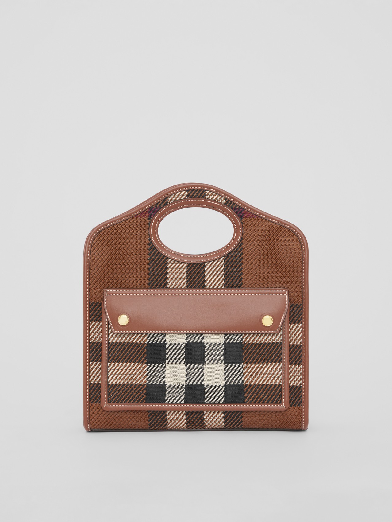 Mini Knitted Check and Leather Pocket Bag in Dark Birch Brown