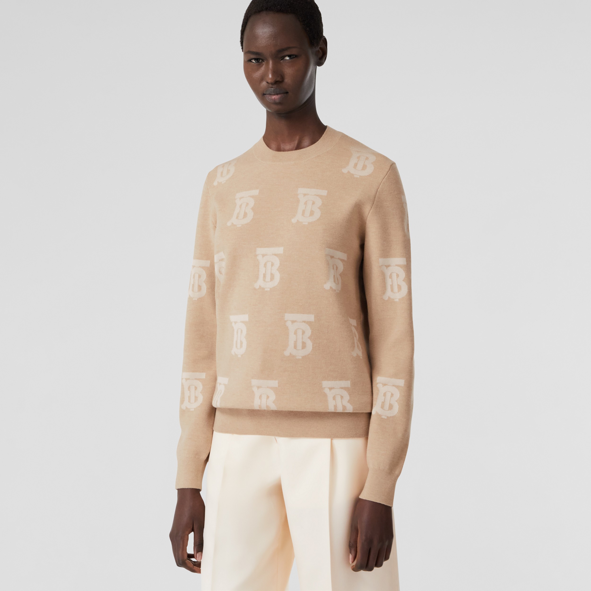 Monogram Wool Silk Blend Jacquard Sweater in Light Camel - Women | Burberry® Official - 1