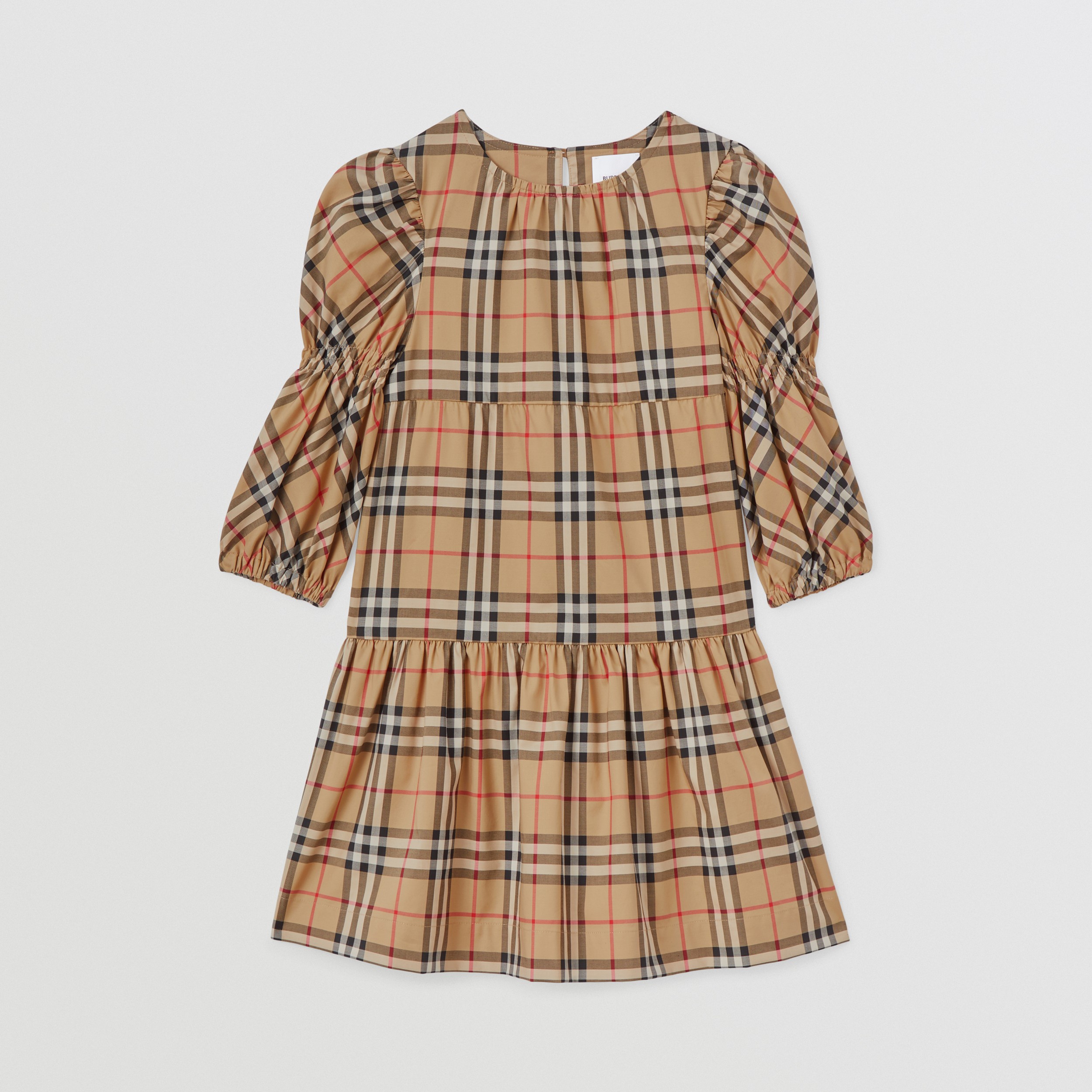 Puff-sleeve Vintage Check Stretch Cotton Dress in Archive Beige | Burberry® Official - 1