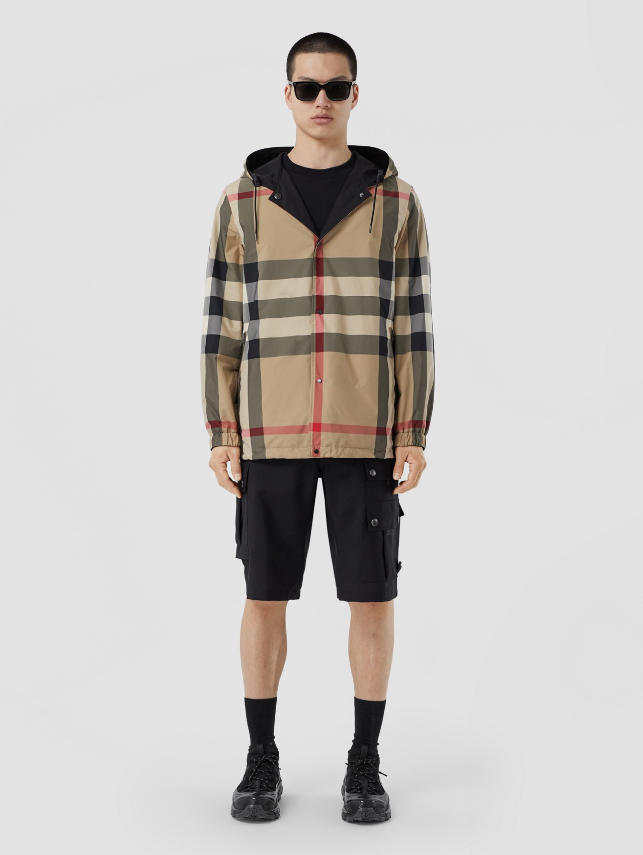 Reversible Check Recycled Polyester Hooded Jacket in Archive Beige
