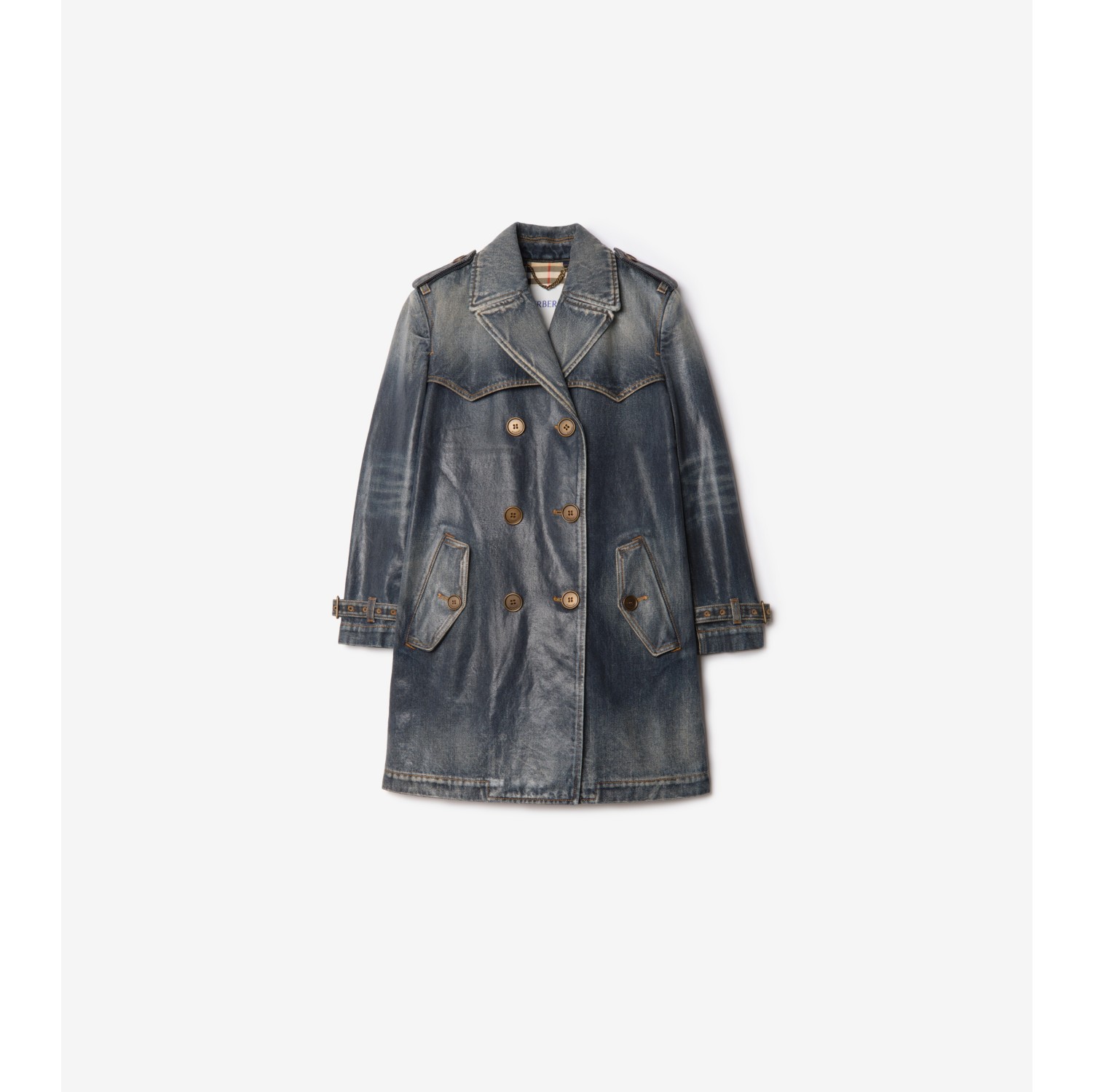Short Coated Denim Trench Coat in Mid blue - Women, Cotton | Burberry® Official