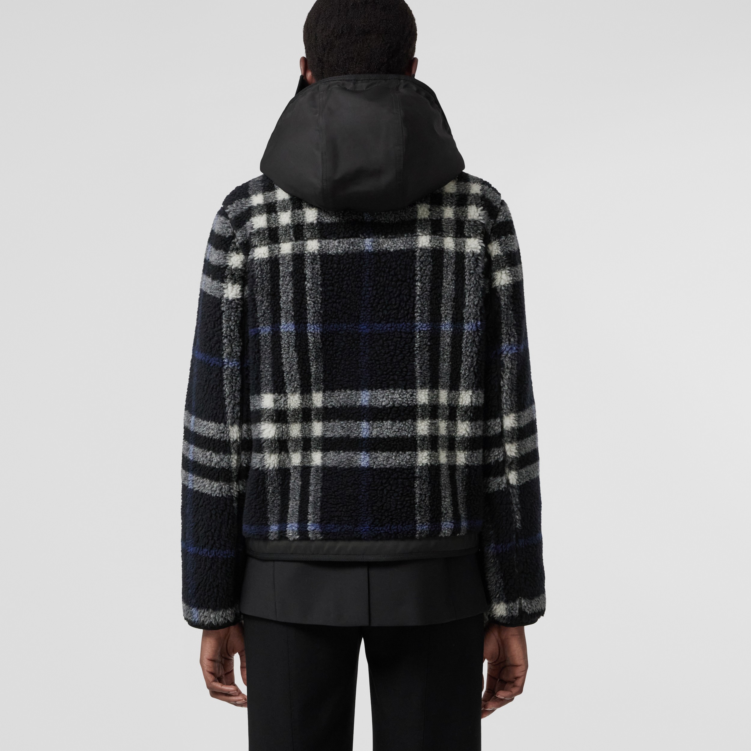 Exaggerated Check Fleece Hooded Jacket in White/dark Carbon Blue - Women | Burberry® Official - 3