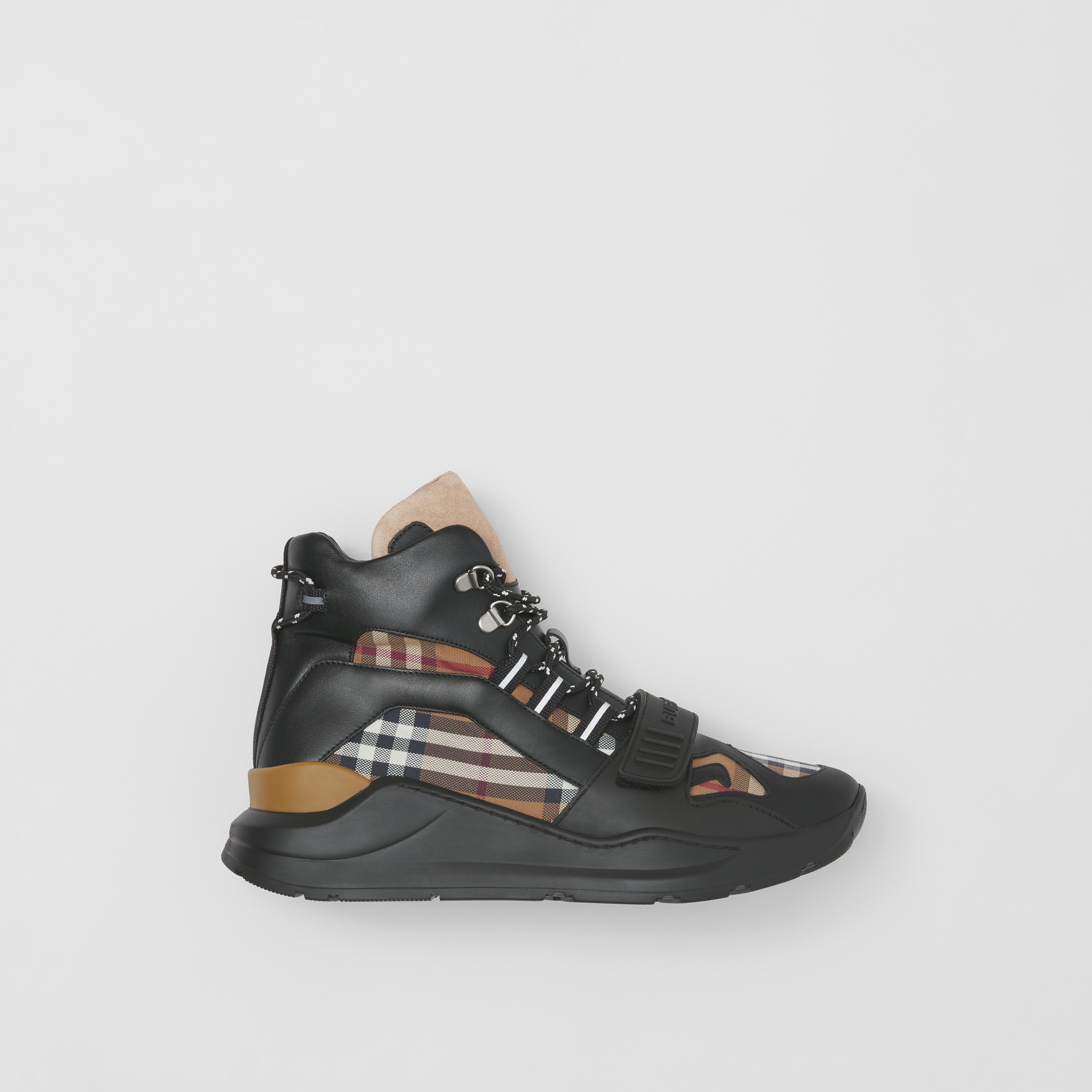 Check Cotton and Leather High-top Sneakers in Birch Brown | Burberry® Official - 1