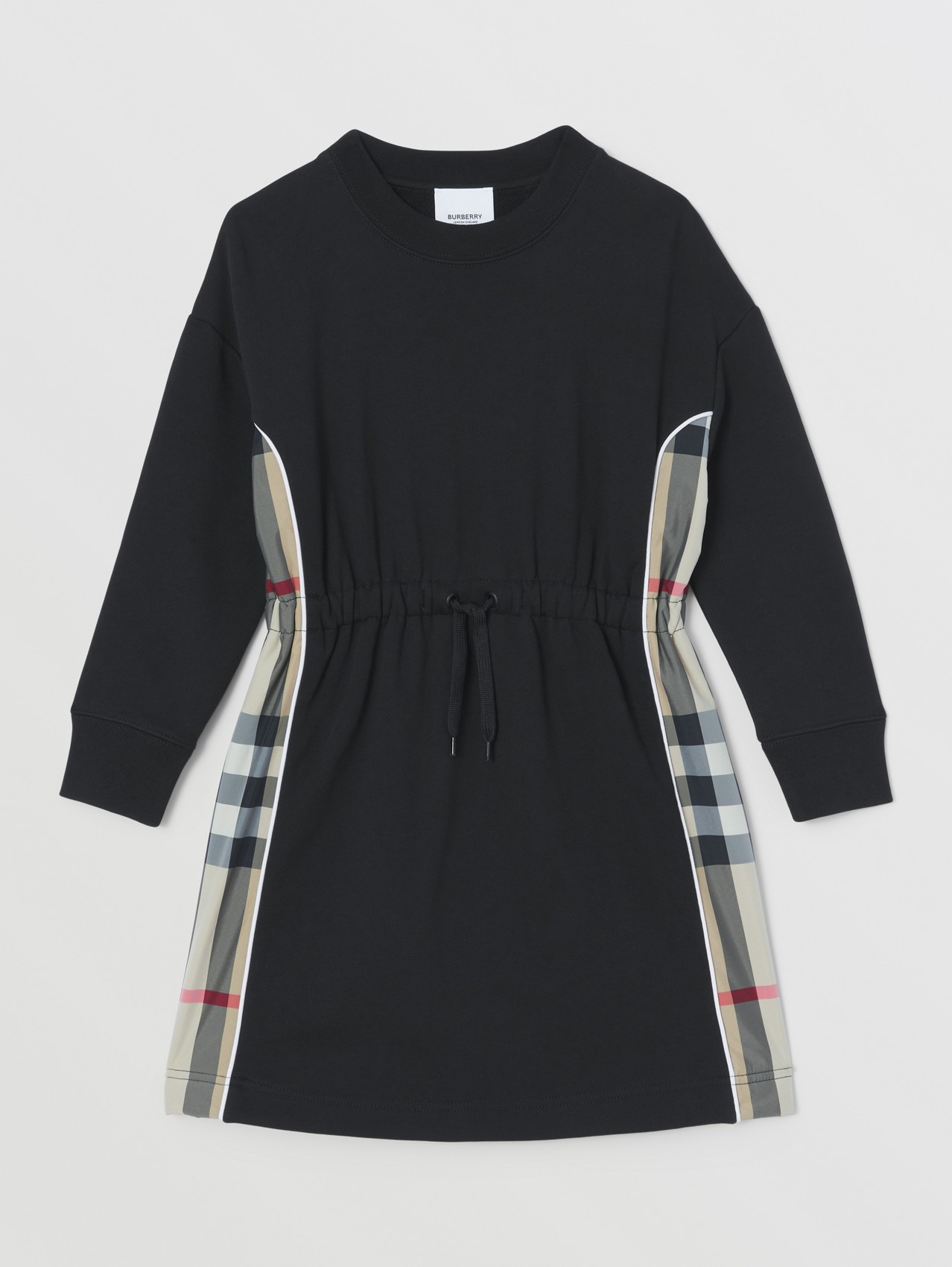 Long-sleeve Check Panel Cotton Dress in Black