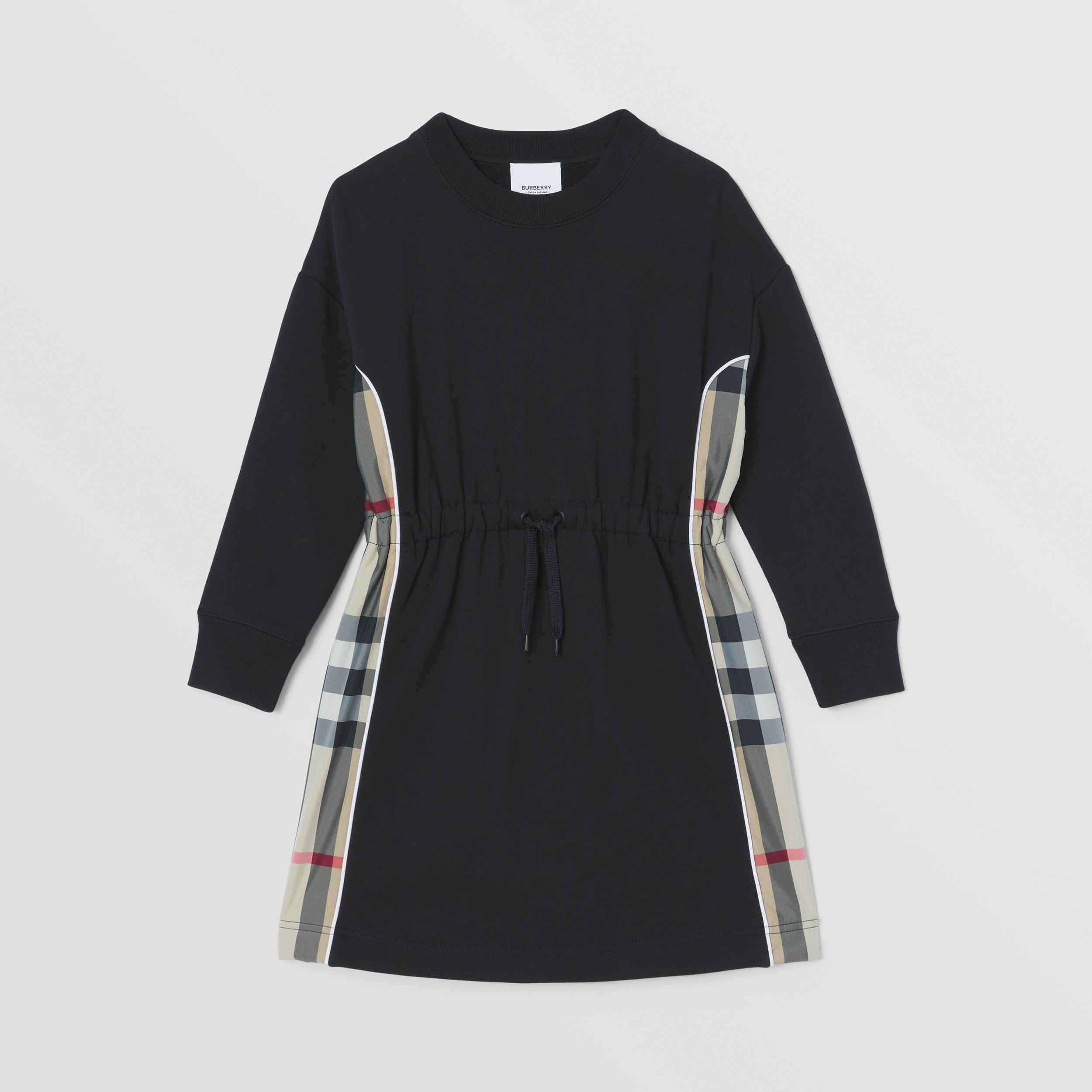 Long-sleeve Check Panel Cotton Dress in Black | Burberry® Official - 1
