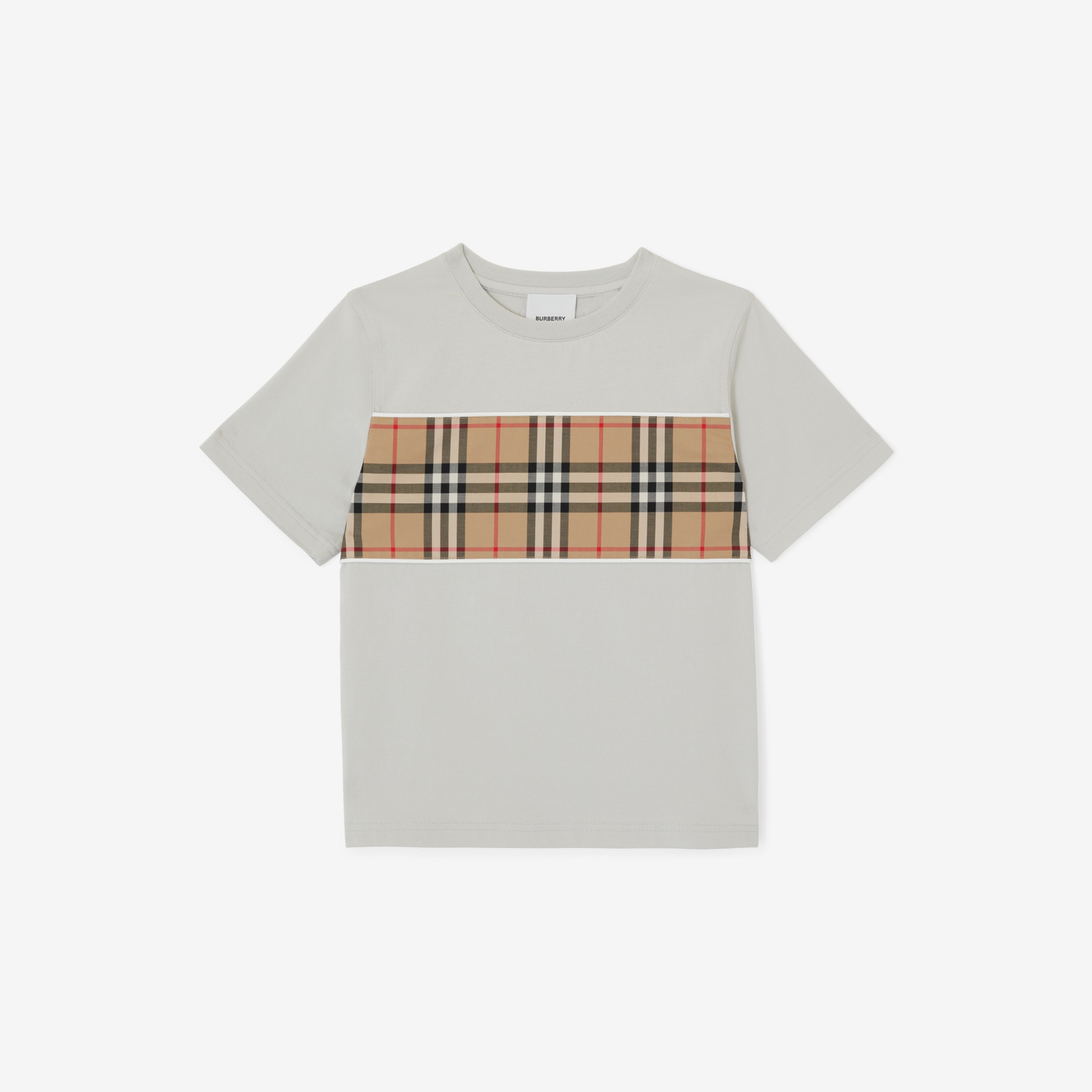 Check Panel Cotton T-shirt in Soft Silver Grey | Burberry® Official - 1