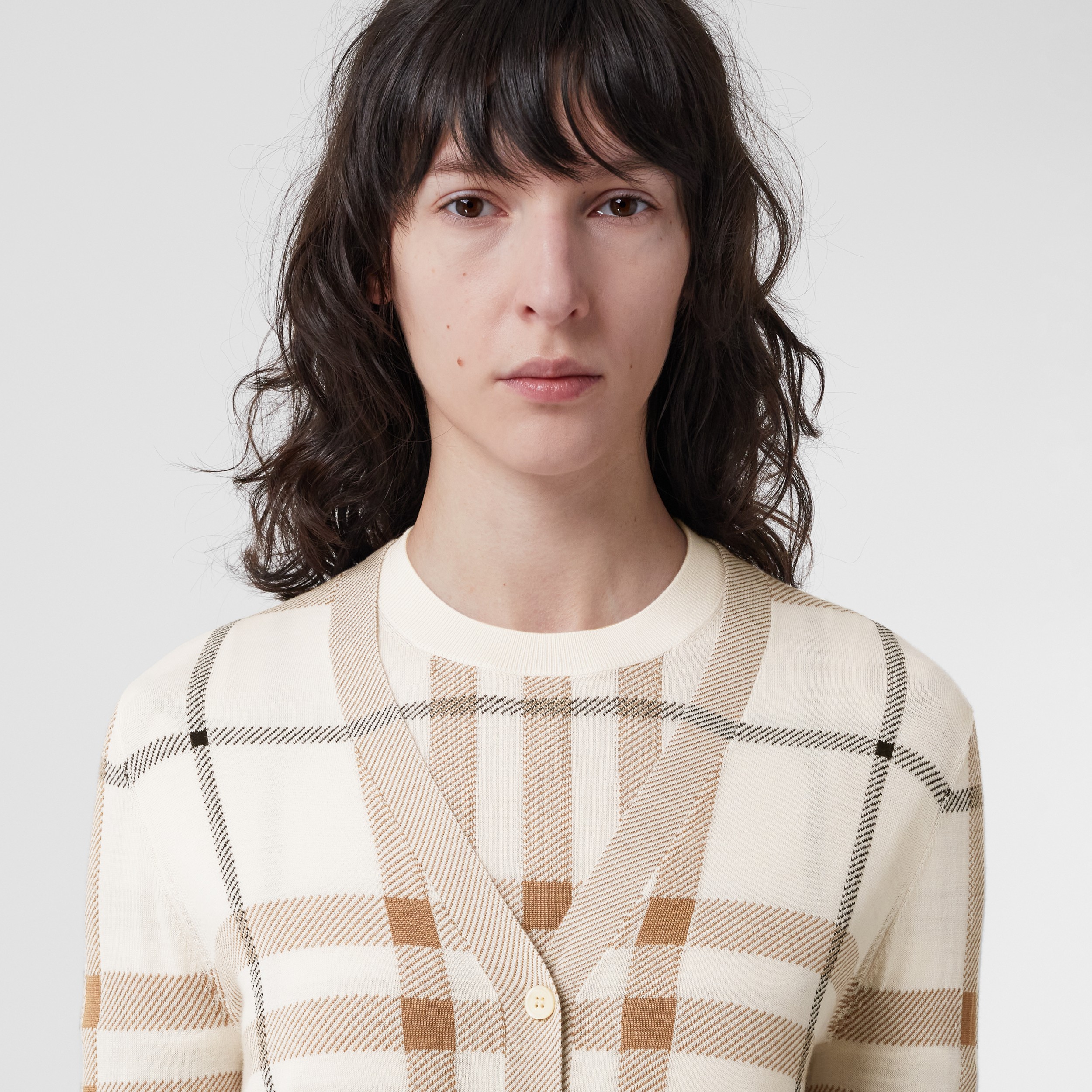 Check Intarsia Wool Silk Cotton Cardigan in Soft Sand - Women | Burberry® Official - 2