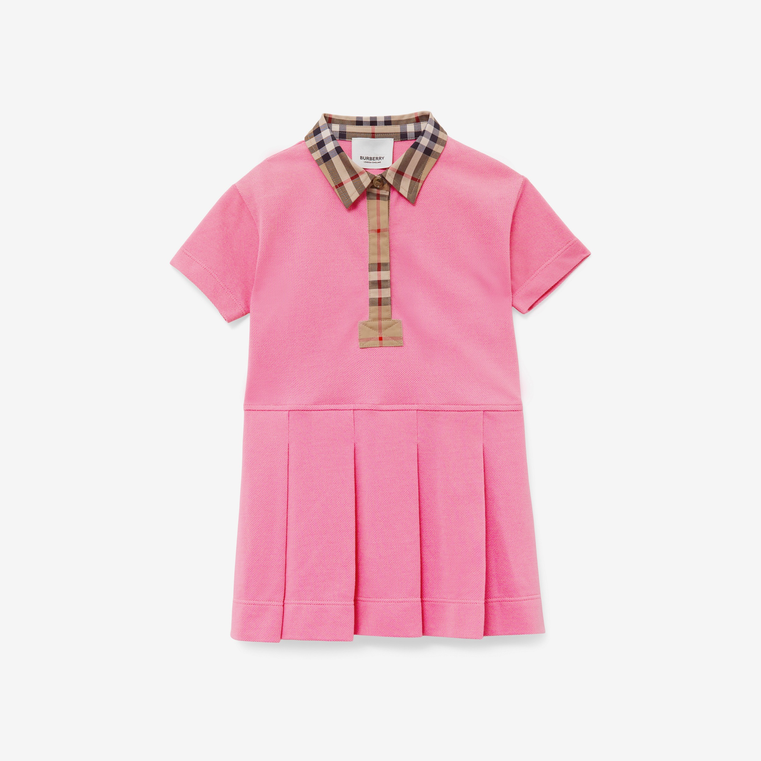 Vestido estilo camisa polo de algodão com detalhe em Vintage Check (Rosa Chiclete) - Crianças | Burberry® oficial - 1