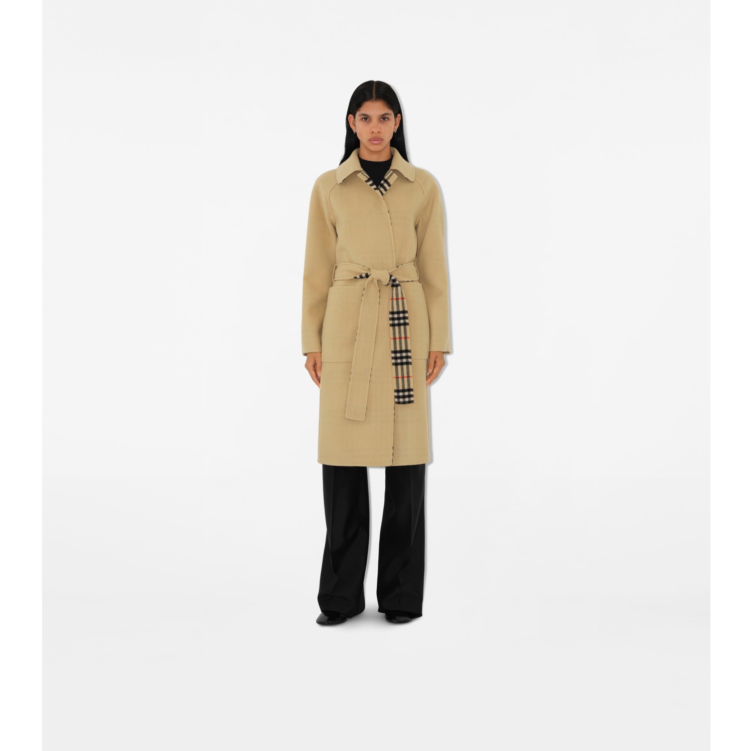 Long Reversible Check Wool Car Coat