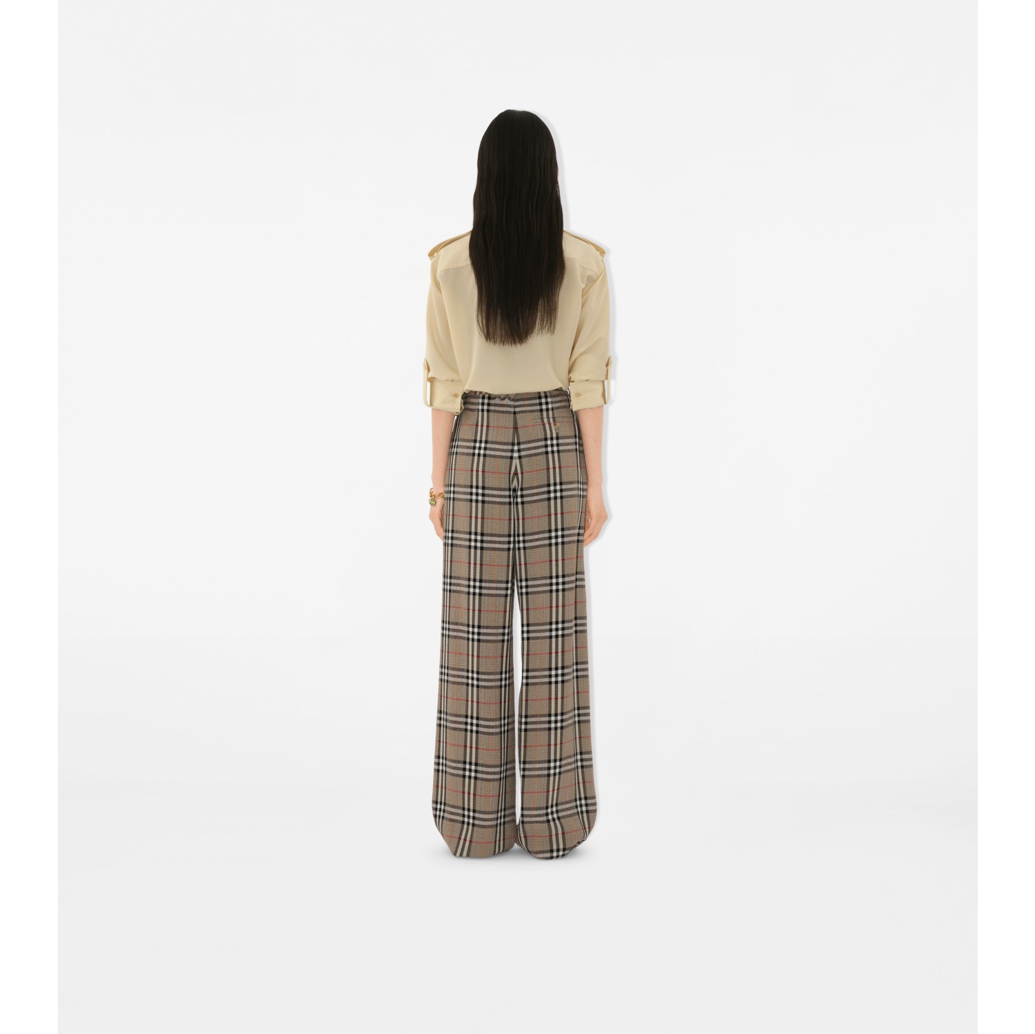Pantalon ceinturé en soie mélangée Check