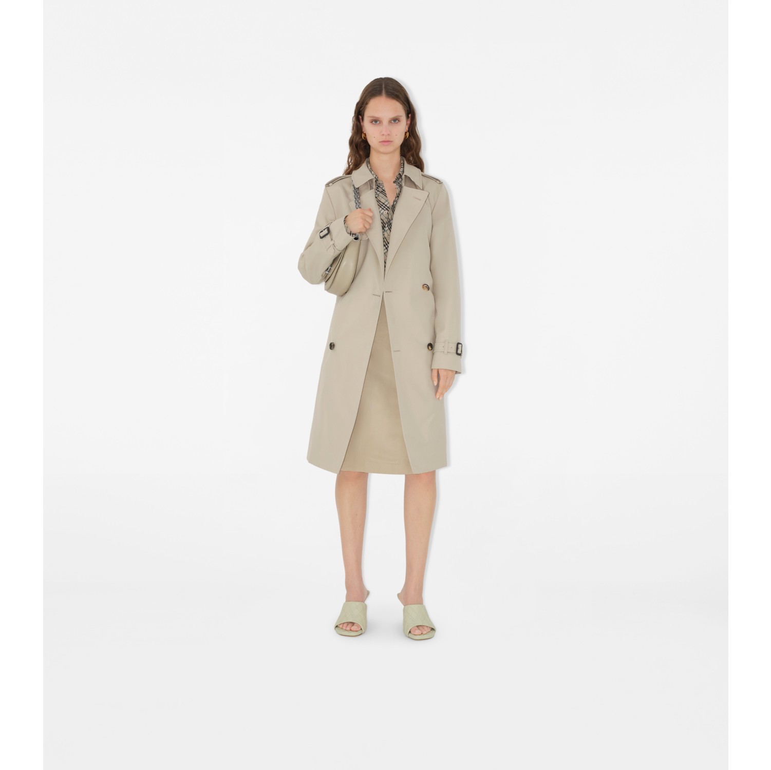 Trench coat mídi em mescla de algodão