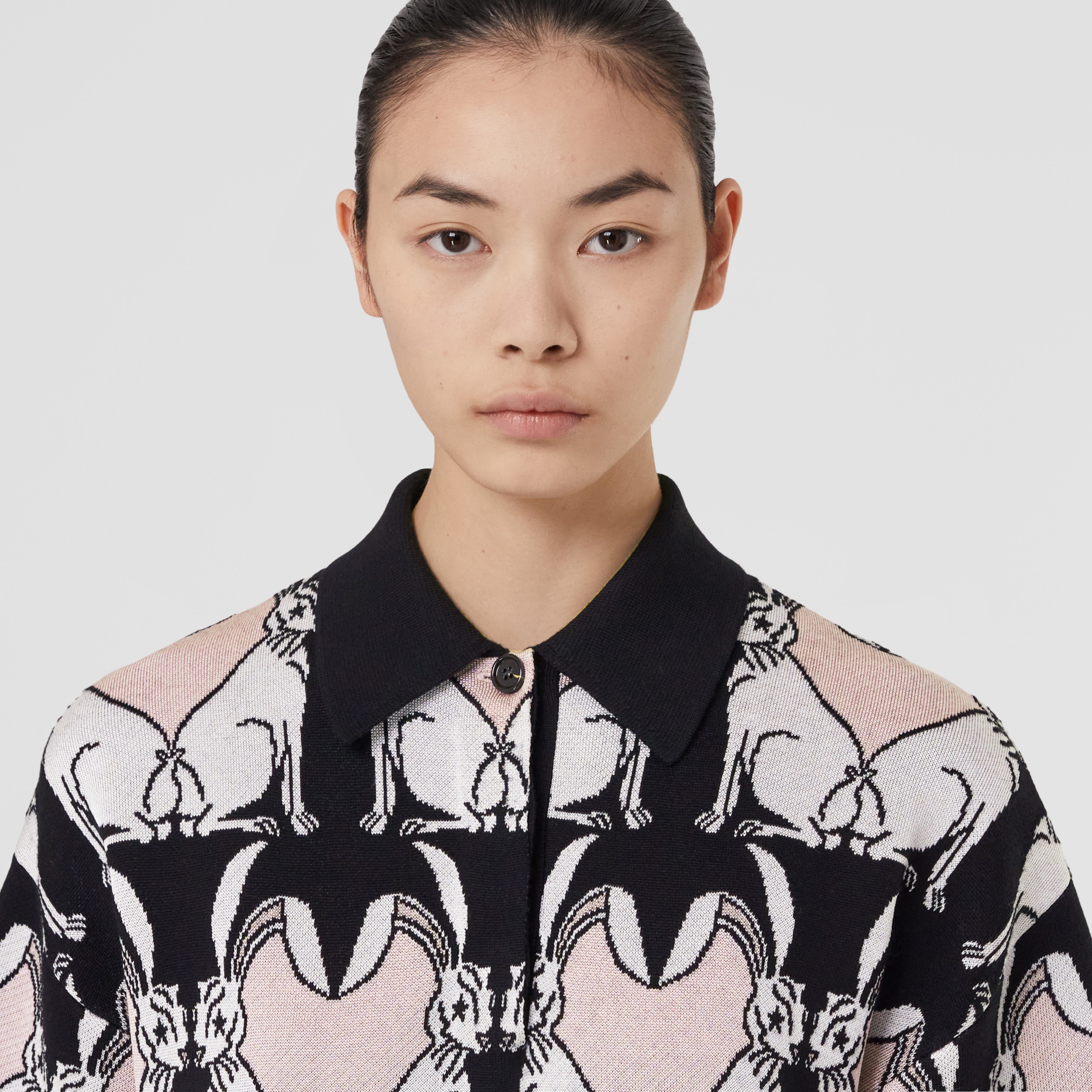 rabbit-motif-wool-blend-jacquard-polo-shirt-dress-in-black-women