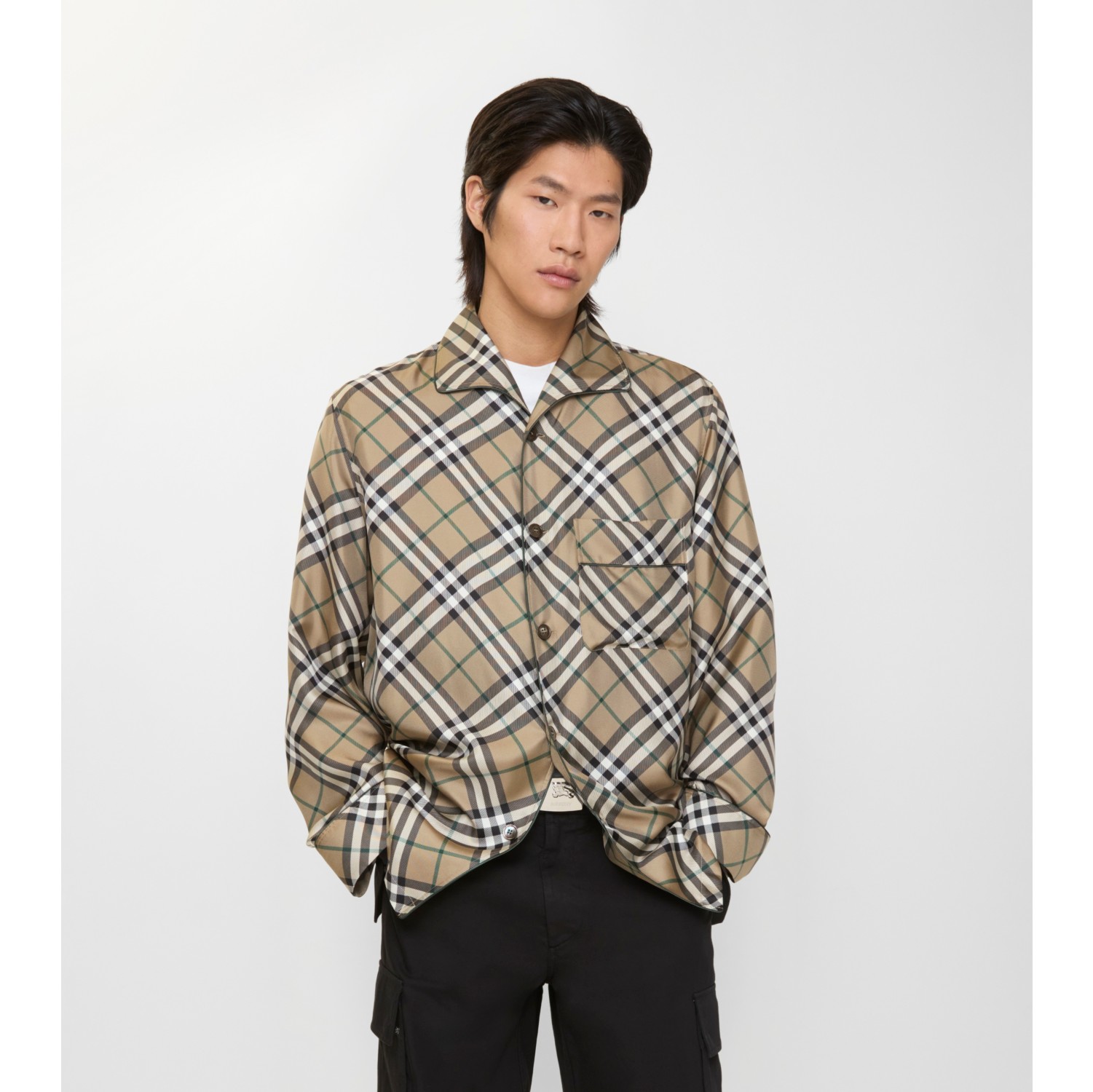 Check Silk Pyjama Shirt in Linden beige - Men | Burberry® Official