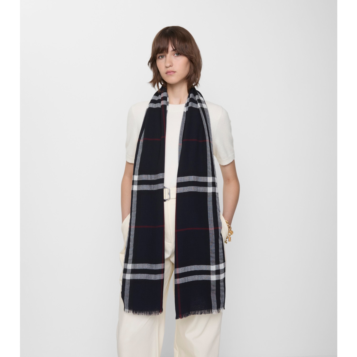 Wide Check Wool Scarf