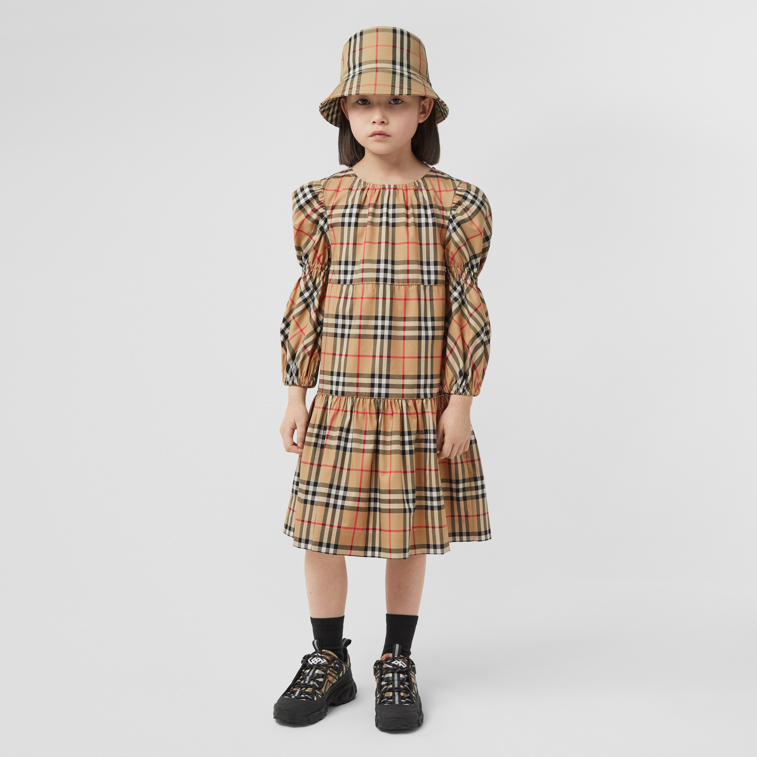 Puff-sleeve Vintage Check Stretch Cotton Dress in Archive Beige | Burberry® Official - 3