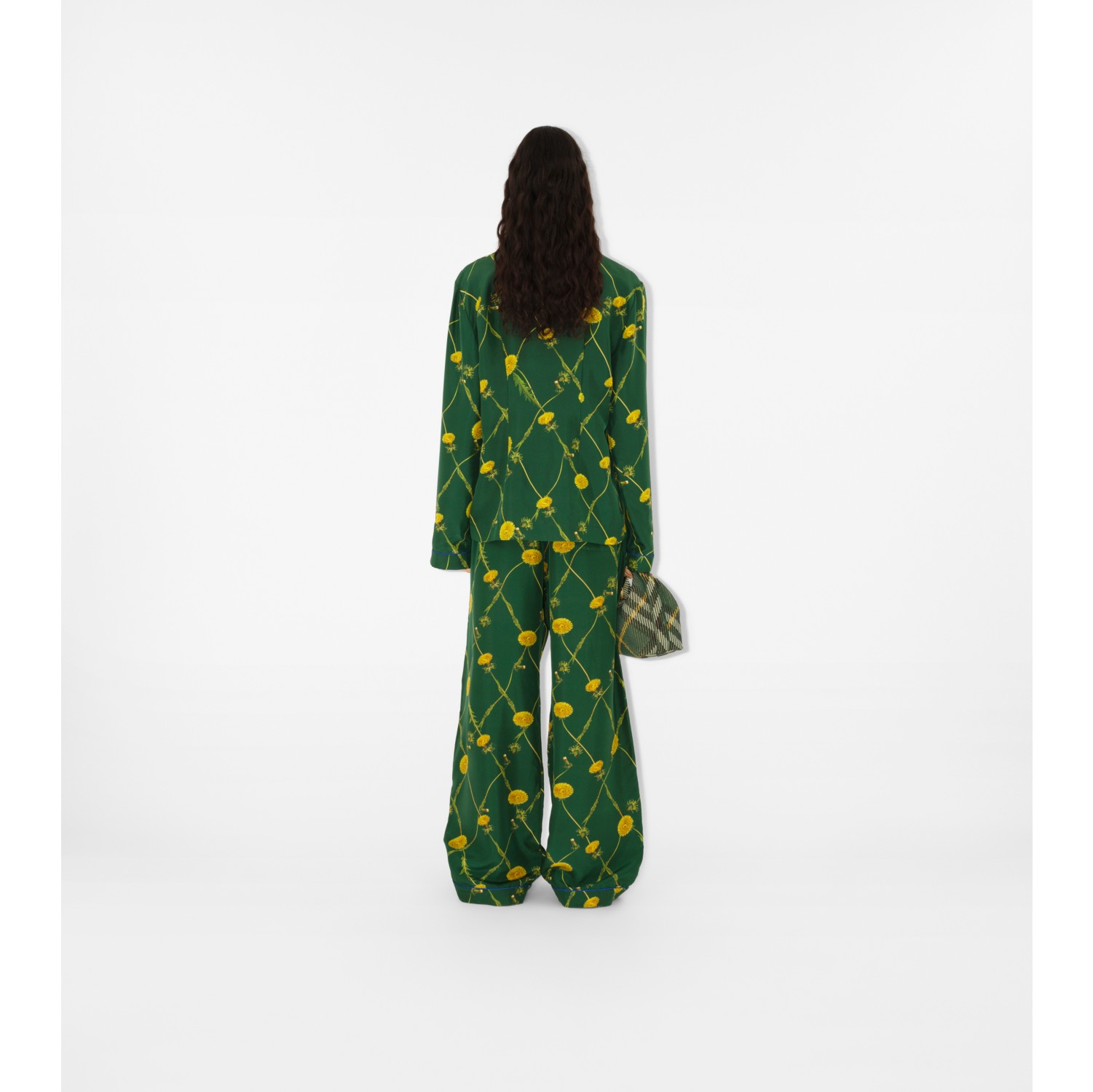 Calças estilo pijama de seda com estampa de flor dente-de-leão