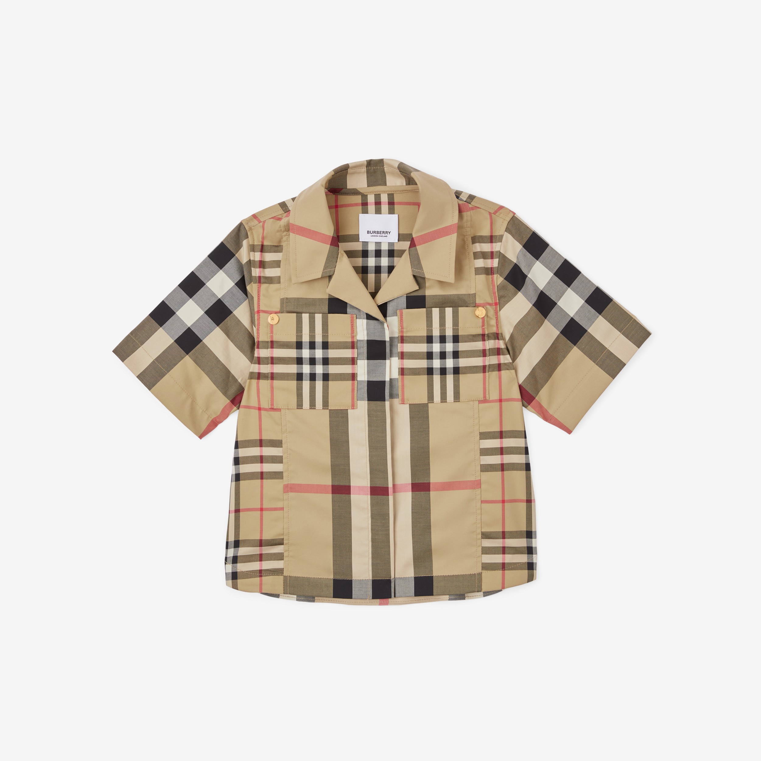 Short-sleeve Patchwork Check Stretch Cotton Shirt in Archive Beige | Burberry® Official - 1