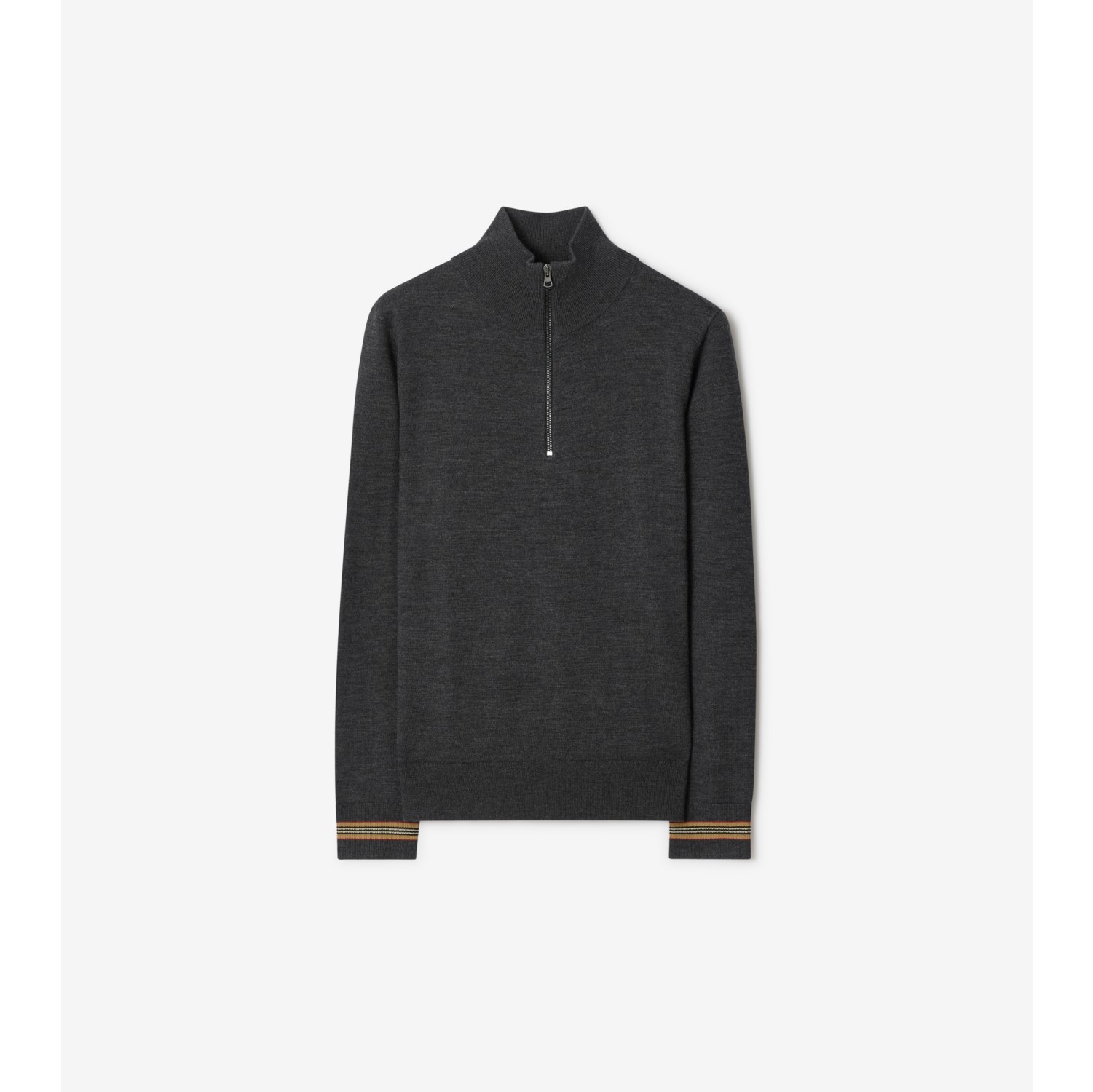 Icon Stripe Trim Wool Half-zip Sweater in Dark grey melange - Men | Burberry® Official
