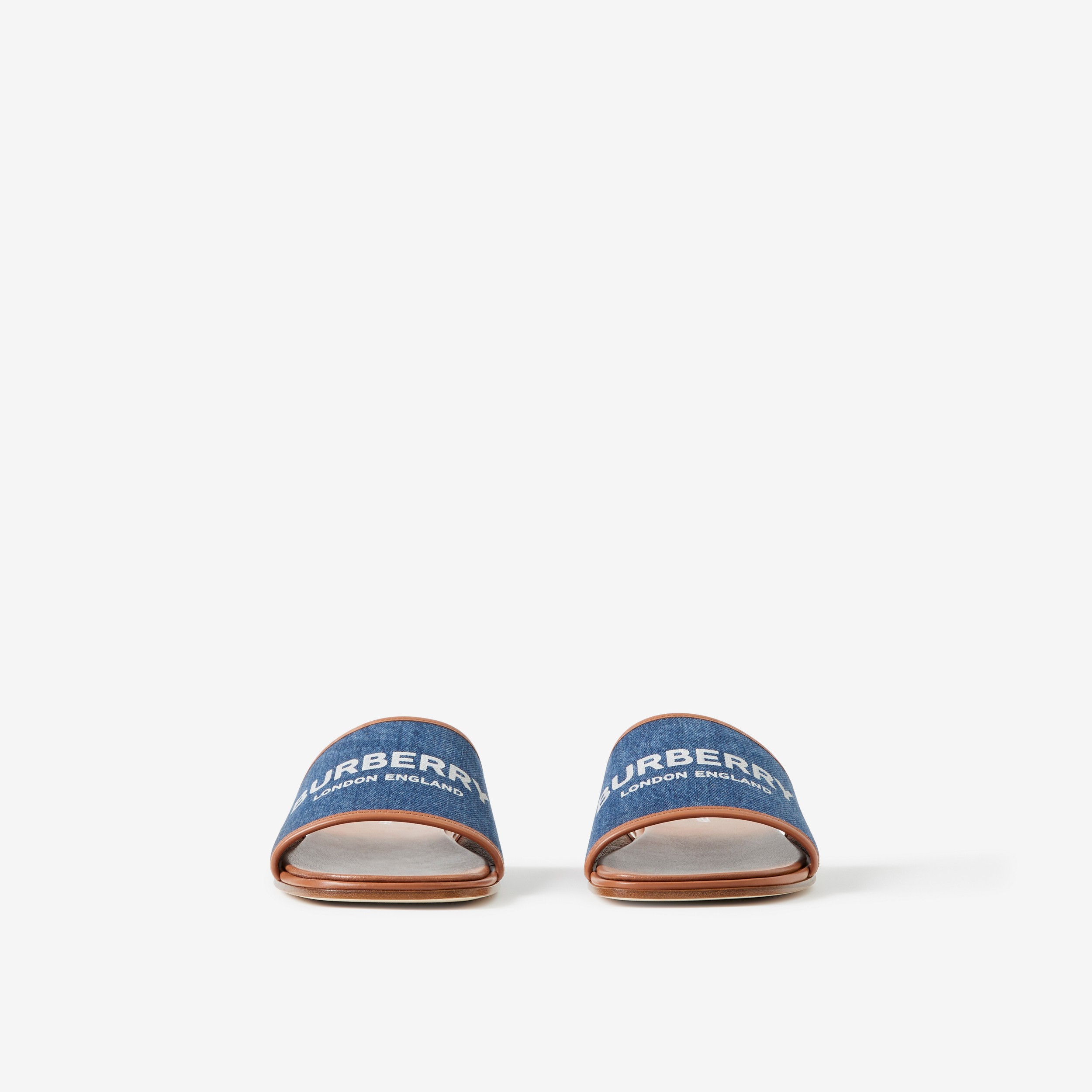 Label Print Denim and Leather Slides in Tan/denim - Women | Burberry® Official - 2